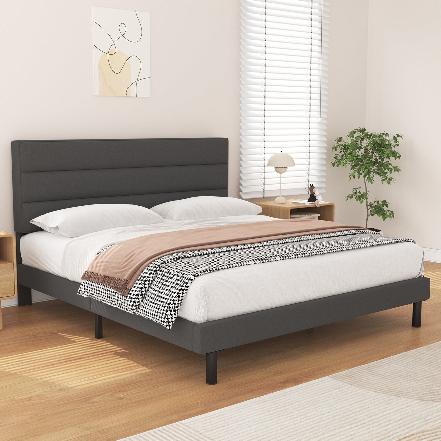 HAIIDE Queen Bed Frame with Upholstered Fabric Headboard and Sturdy Construction, Easy Assembly, Dark Grey