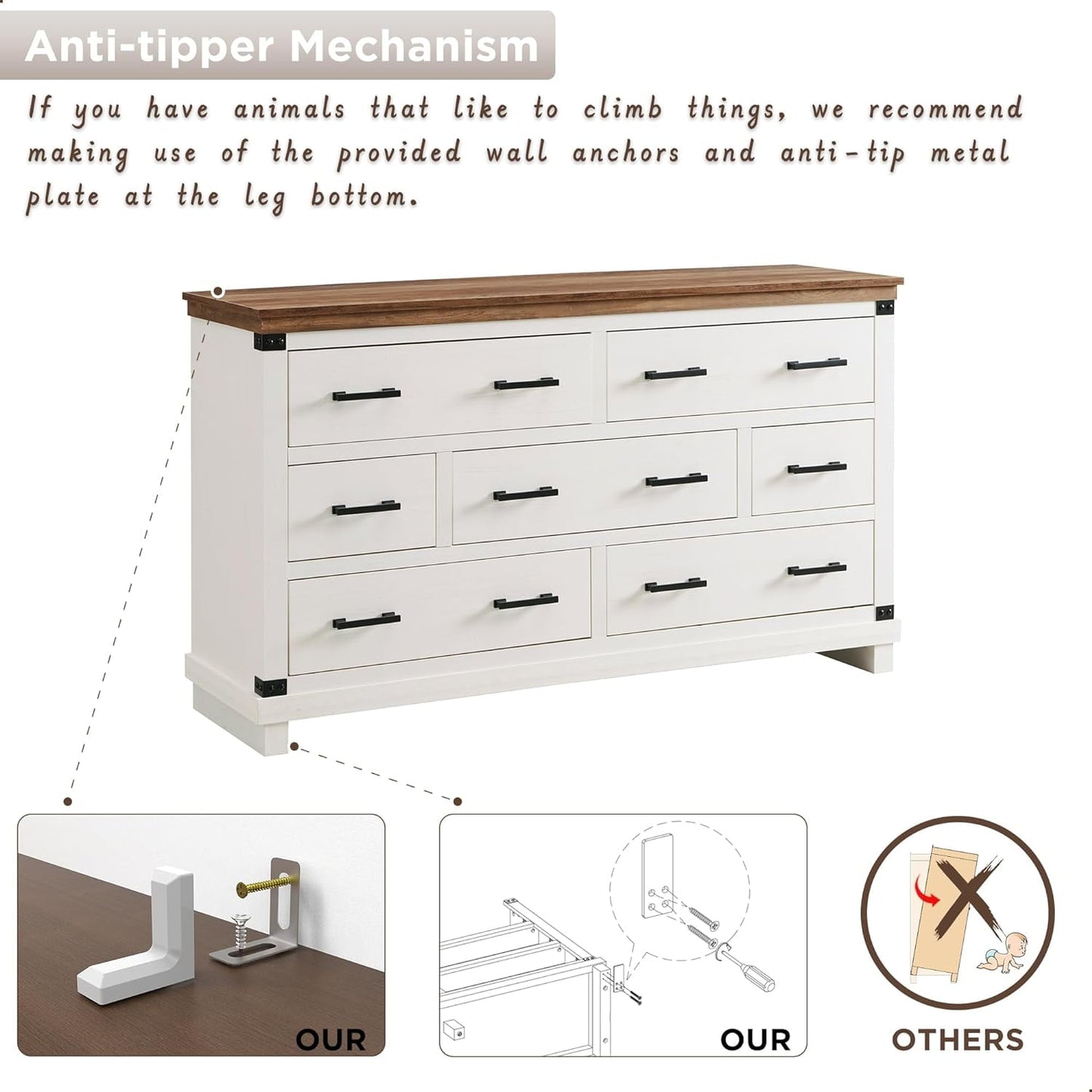 OKD 54in W Farmhouse Dresser 7 Drawers Modern Rustic Wood Chest of Drawers Closet Storage Organizers for Bedroom Living Room Hallway£¬Antique White