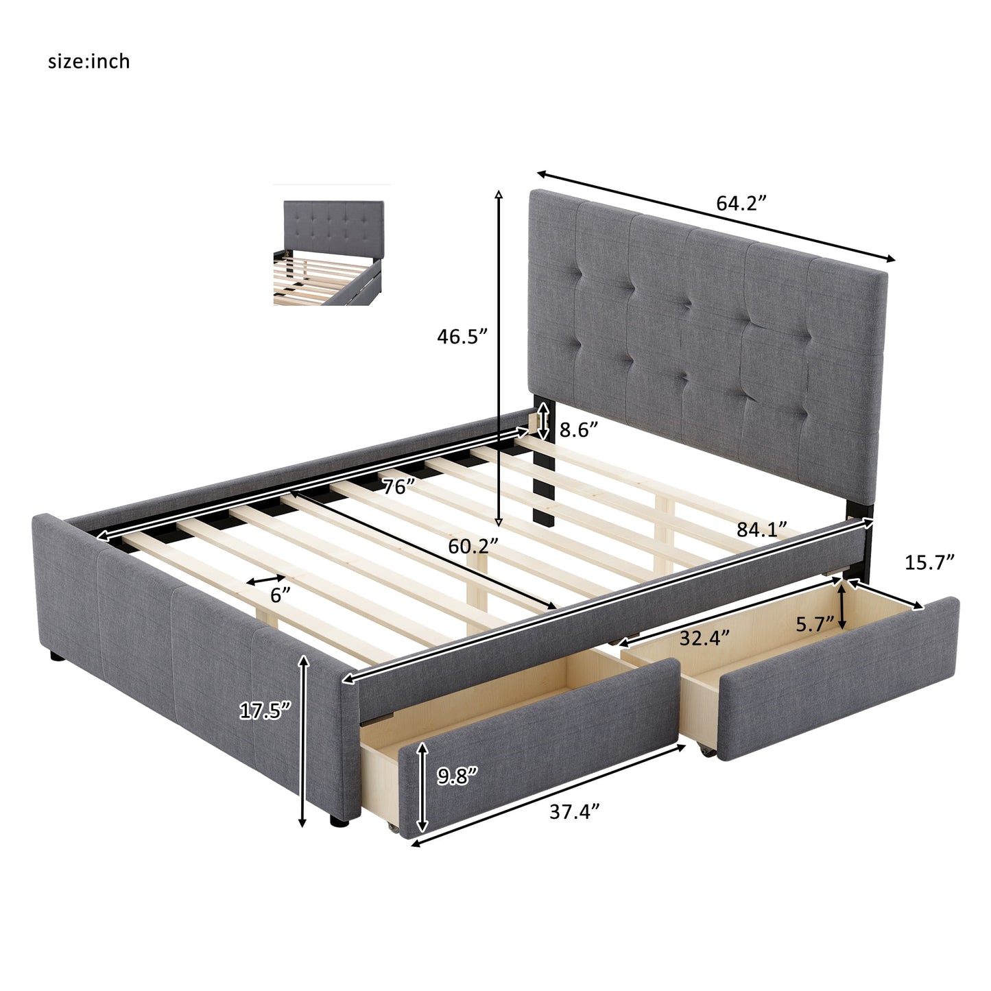 BTMWAY Queen Size Upholstered Linen Platform Bed with Storage, Drawers, No Box Spring Required, Gray