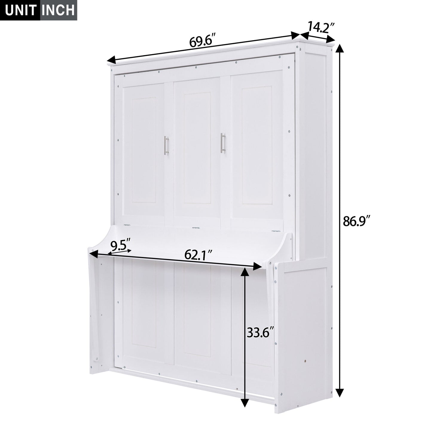 White Queen Size Murphy Bed with Desk, Solid Wood, No Spring Box Needed