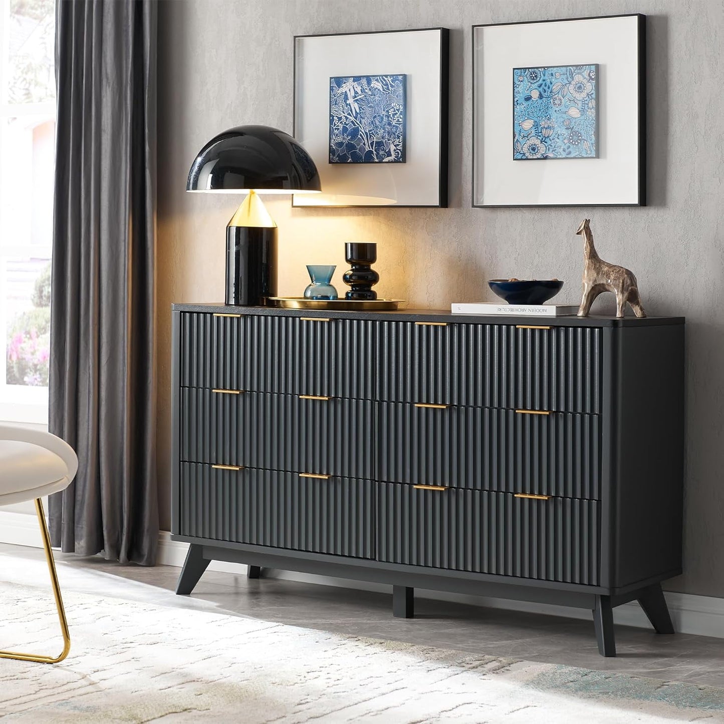 Extra Savings! OKD 6 Drawer Dresser with Faux Marble Top, 54in Contemporary Wood Storage Cabinet for Bedroom, Living Room - Dark Grey - Walmart.com