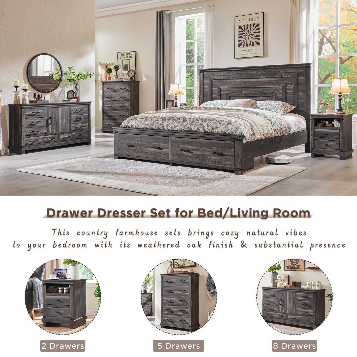 OKD Farmhouse 6 Drawers Dresser for Bedroom, Large Chest of Drawers with Thick Plank Styling, Wood Rustic Closet Dresser for Bedroom, Living Room, Dark Rustic Oak