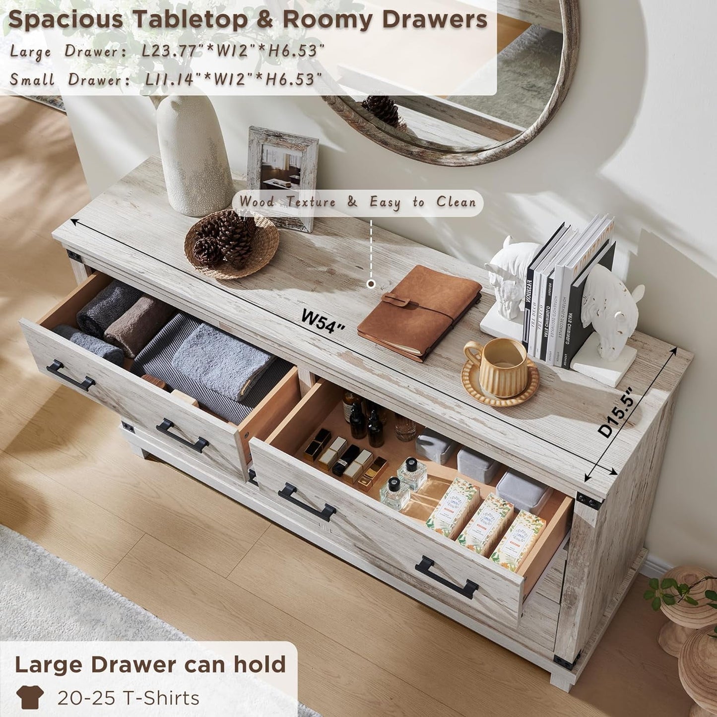 OKD 54in W Farmhouse Dresser 7 Drawers Modern Rustic Wood Chest of Drawers Closet Storage Organizers for Bedroom Living Room Hallway, Antique Brush White