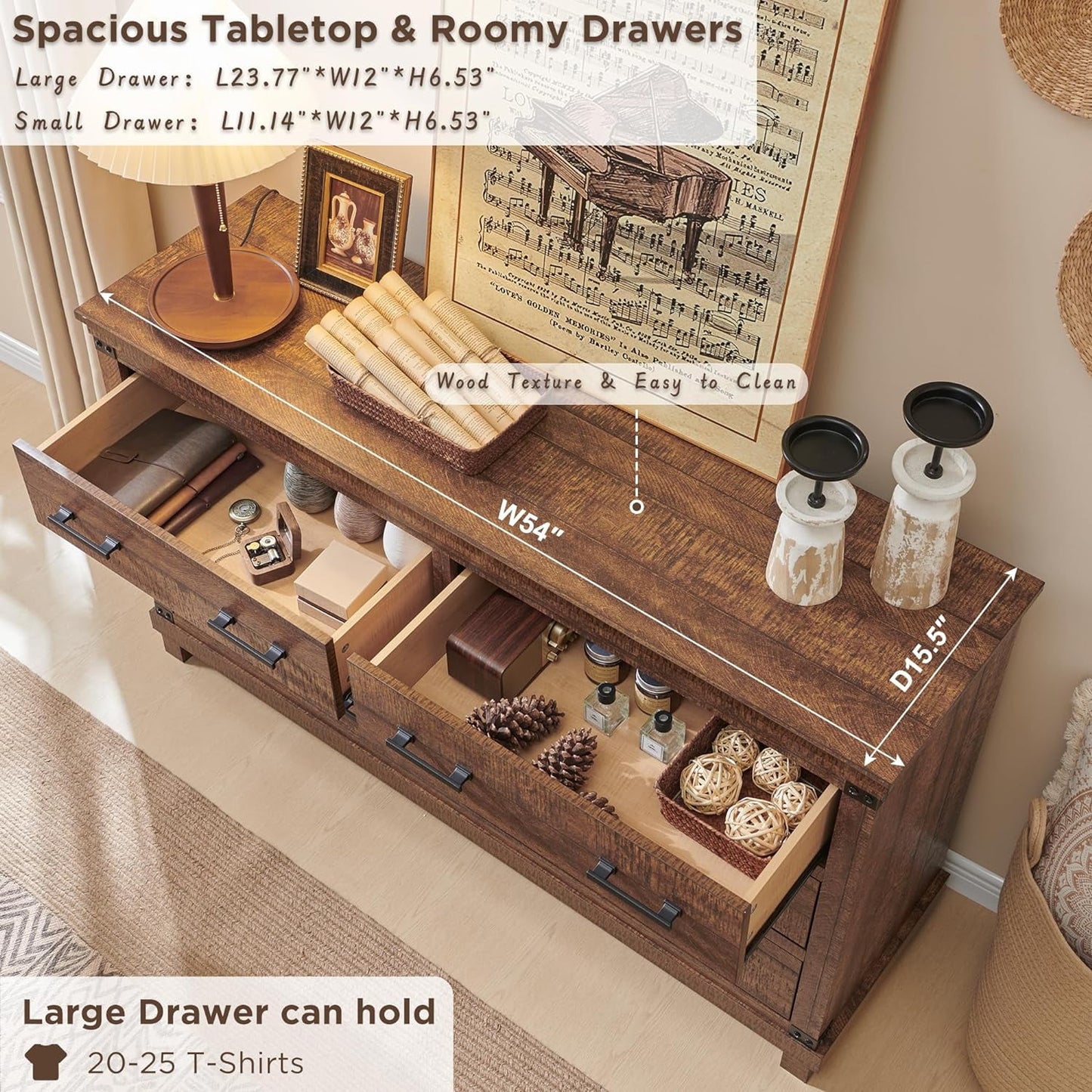 OKD 54in W Farmhouse Dresser 7 Drawers Modern Rustic Wood Chest of Drawers Closet Storage Organizers for Bedroom Living Room Hallway£¬Reclaimed Barnwood