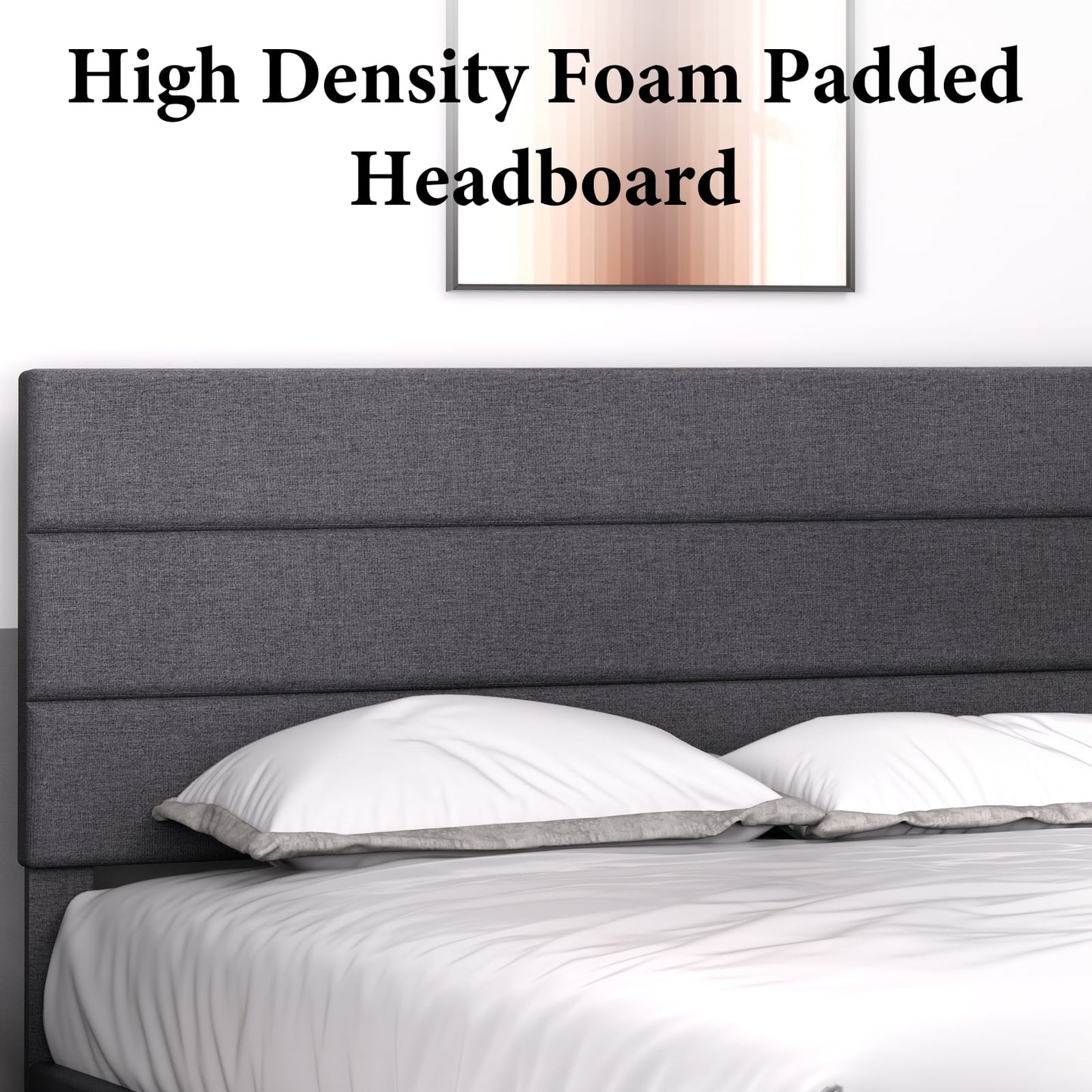 LAFGUR Queen Size Platform Bed Frame with Fabric Upholstered Headboard and Wooden Slats Support, Fully Upholstered Mattress Foundation/No Box Spring Needed/Easy Assembly, Dark Grey