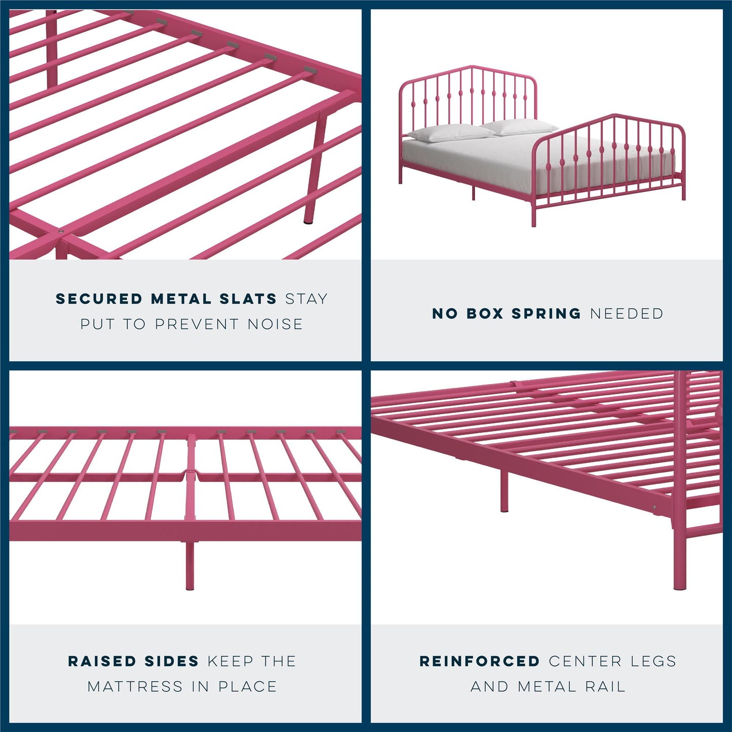 Novogratz Bushwick Metal Platform Bed Frame with Headboard, Queen, Hot Pink