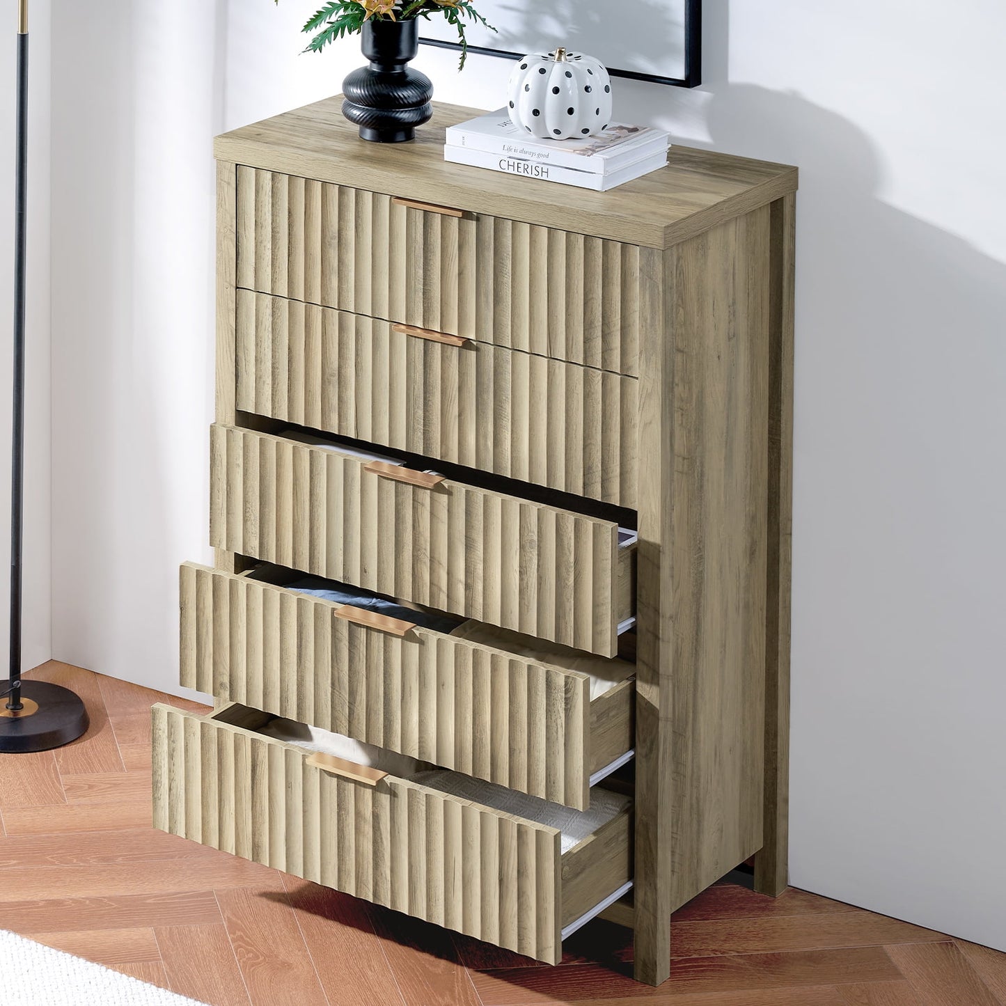 OAKHAM 5 Drawer Dresser, Fluted Vertical Chest of Drawers for Bedroom Living Room, Sunwashed Ash Oak