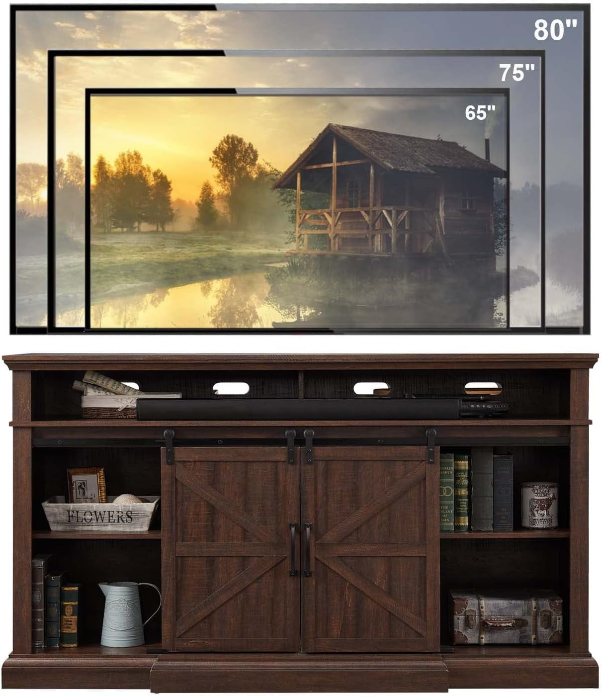 SinCiDo Farmhouse Furniture Living Room Decor, Tall TV Stand for 80 Inch TVs, Lift Top Coffee Table with Storage, End Table with Charging Station