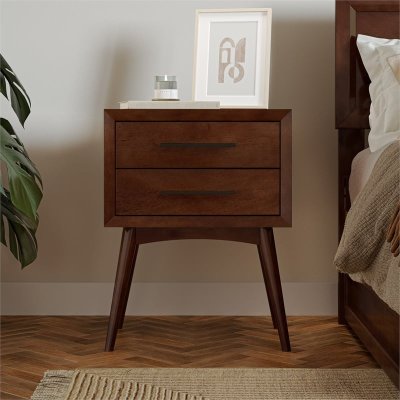 AFI Pasadena Solid Wood Mid-Century Modern Nightstand with 2 Drawers, Walnut