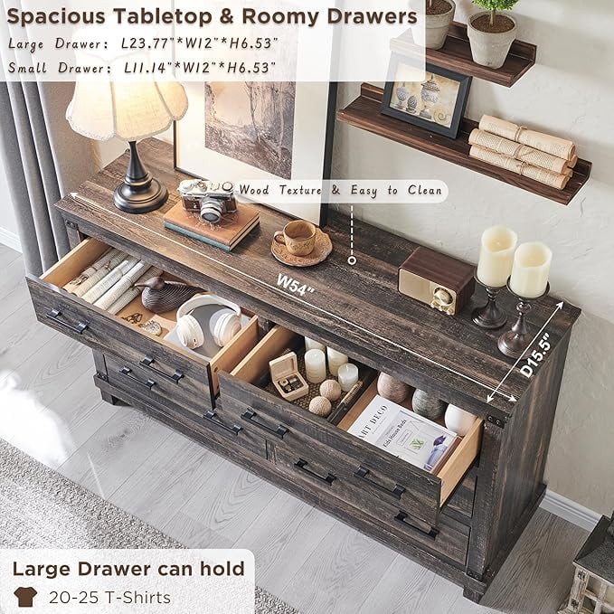 OKD Farmhouse 7 Drawers Dresser for Bedroom, Wood Large Chest of Drawers with Thick Plank Styling, Rustic Closet Dresser for Bedroom, Living Room, Dark Rustic Oak