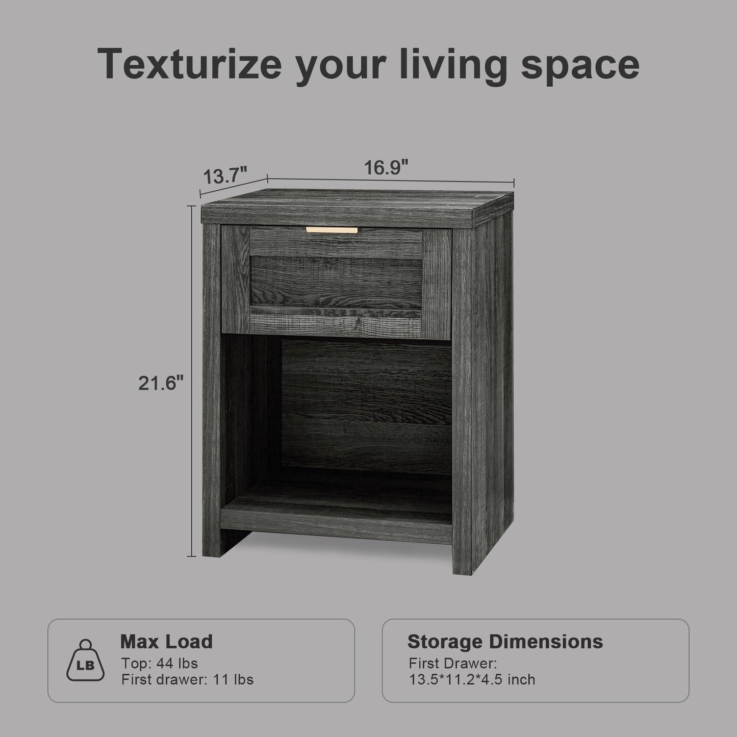 OAKHAM Farmhouse Nightstands Set of 2, Boho End Table with Drawer and Open Shelf, Bedside Table for Bedroom Living Room, Midnight Oak