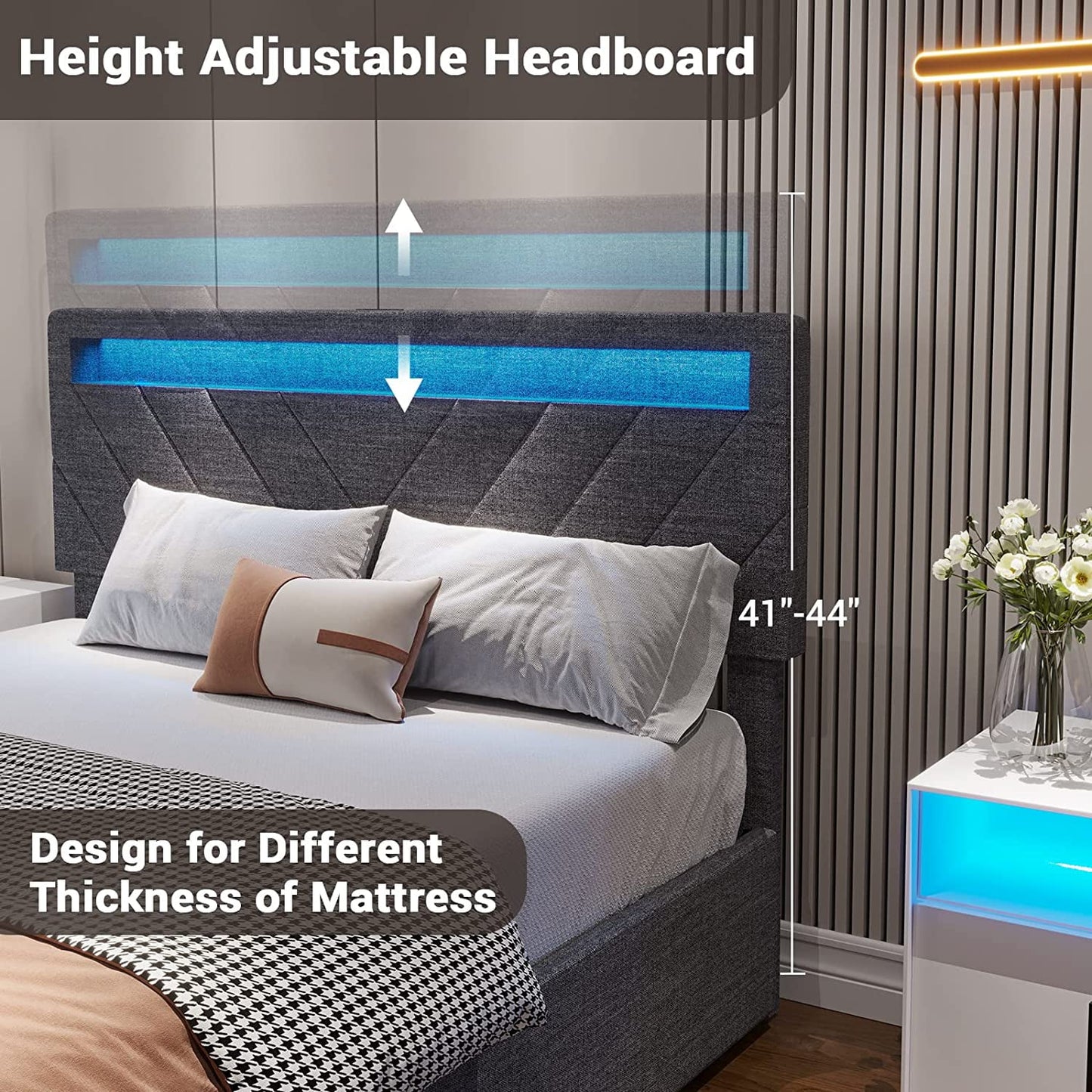 DICTAC Queen Bed Frame, Dark Grey Upholstered Platform with LED Headboard, USB Station & 4 Drawers, No Box Spring Needed