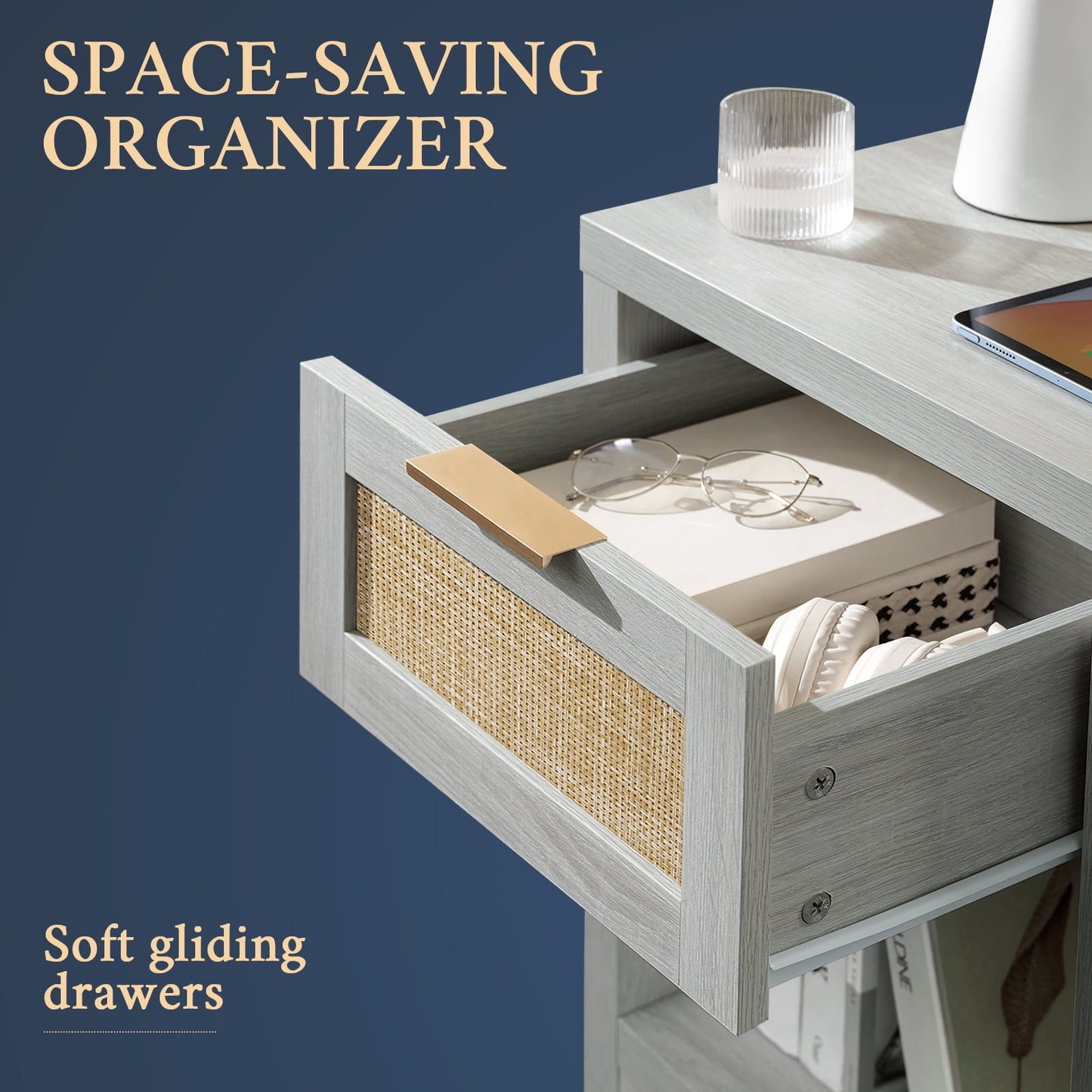 OAKHAM Rattan Nightstand with Charging Station, Bedside Table with Type-C/USB Port, Boho Side Tables End Table for Living Room, Bedroom, Pale Oak