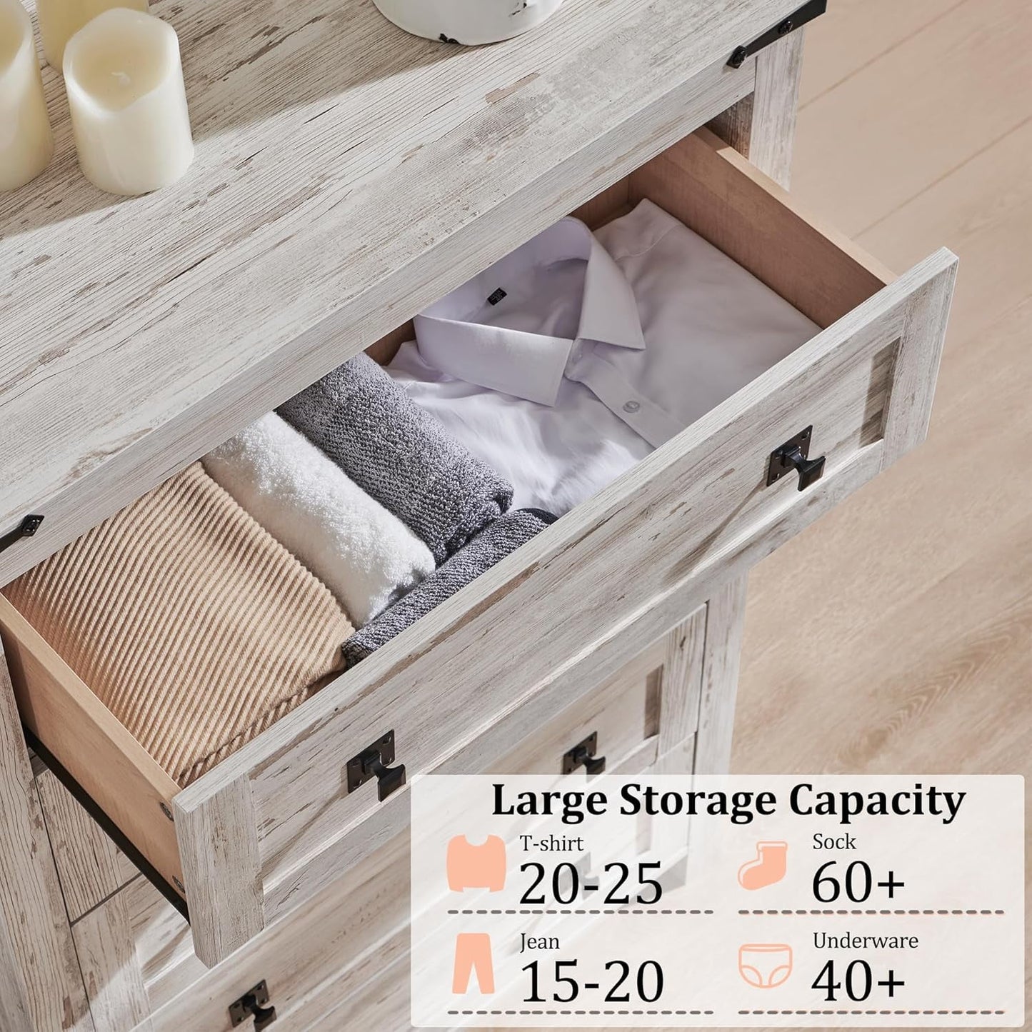 OKD 5 Drawers Dresser Chests for Bedroom Farmhouse, Wood Rustic Tall Chest of Drawers, Antique Brush White