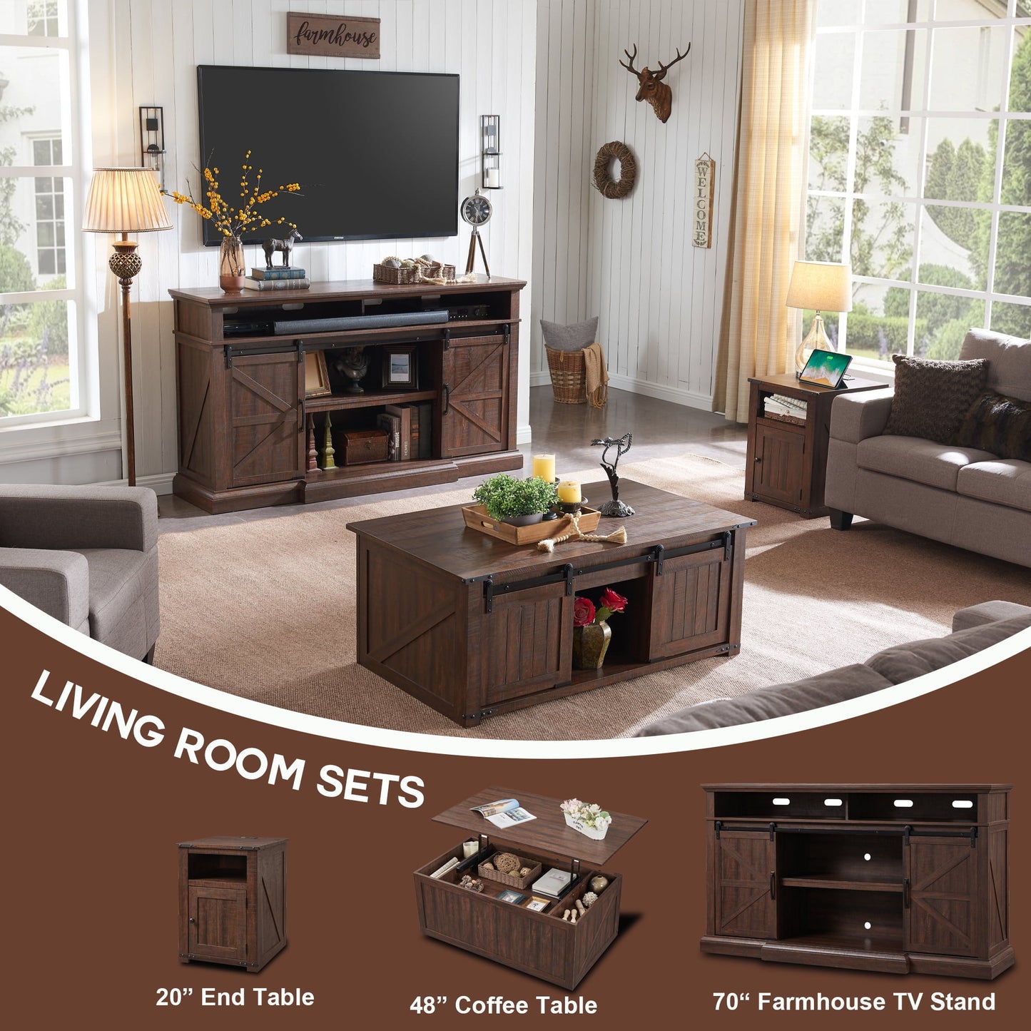 SinCiDo Nightstand with Charging Station, 20in Farmhouse End Table w/Groove Barn Door, Bedside Table