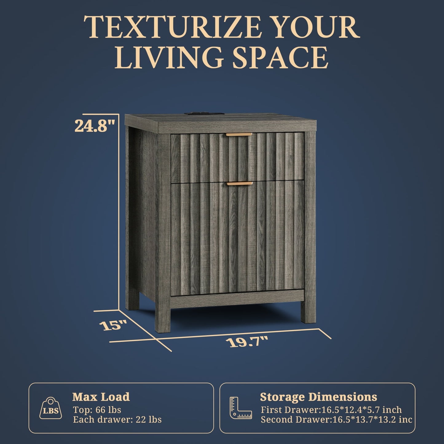 OAKHAM 2-Drawer Nightstand with Charging Station, Farmhouse Bedside Tables, Set of 2