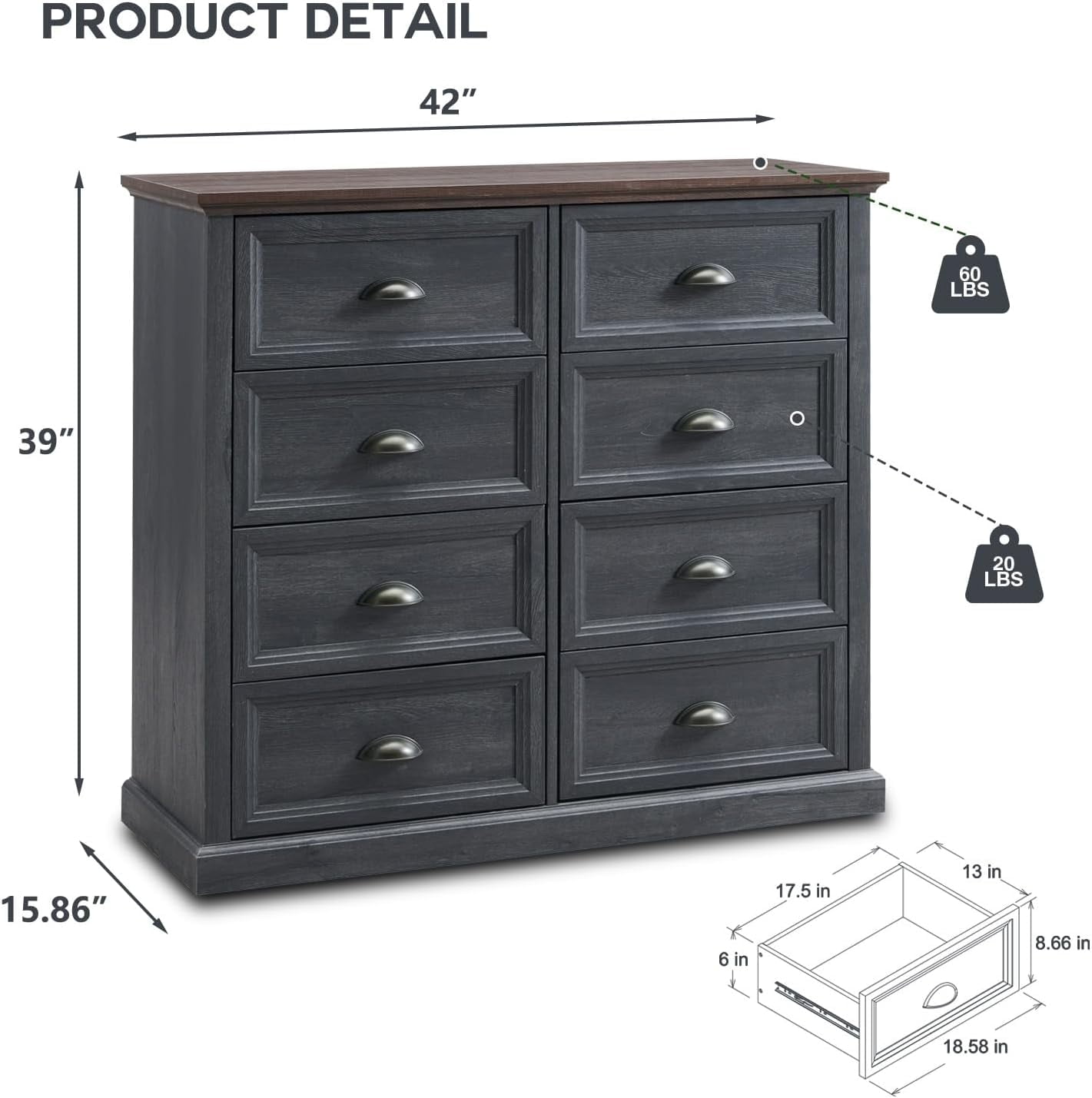 SinCiDo Solid Wooden 8 Drawer Dresser for Bedroom, Farmhouse Rustic Tall Organizer Storage, Dark Grey