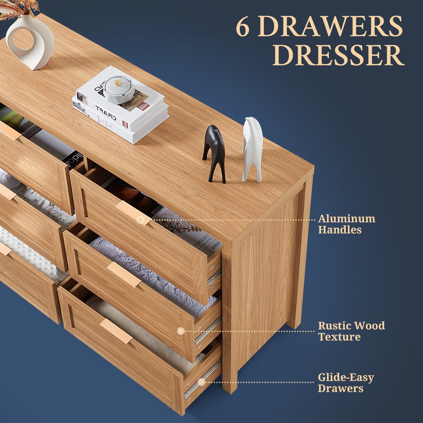 OAKHAM 6 Drawer Dresser, Wooden Chests of Drawers, Modern Large Dressers for Bedroom, Weathered Oak