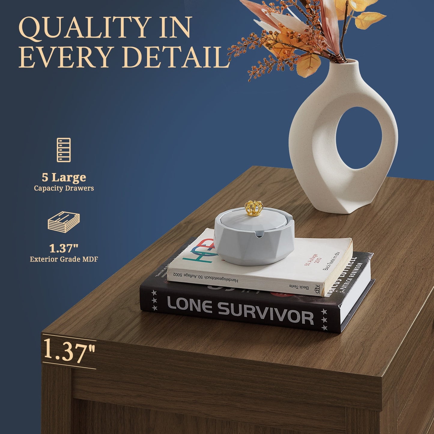 OAKHAM 5 Drawer Dresser, Modern Wooden Chests of Drawers, Tall Dressers for Bedroom, Special Walnut