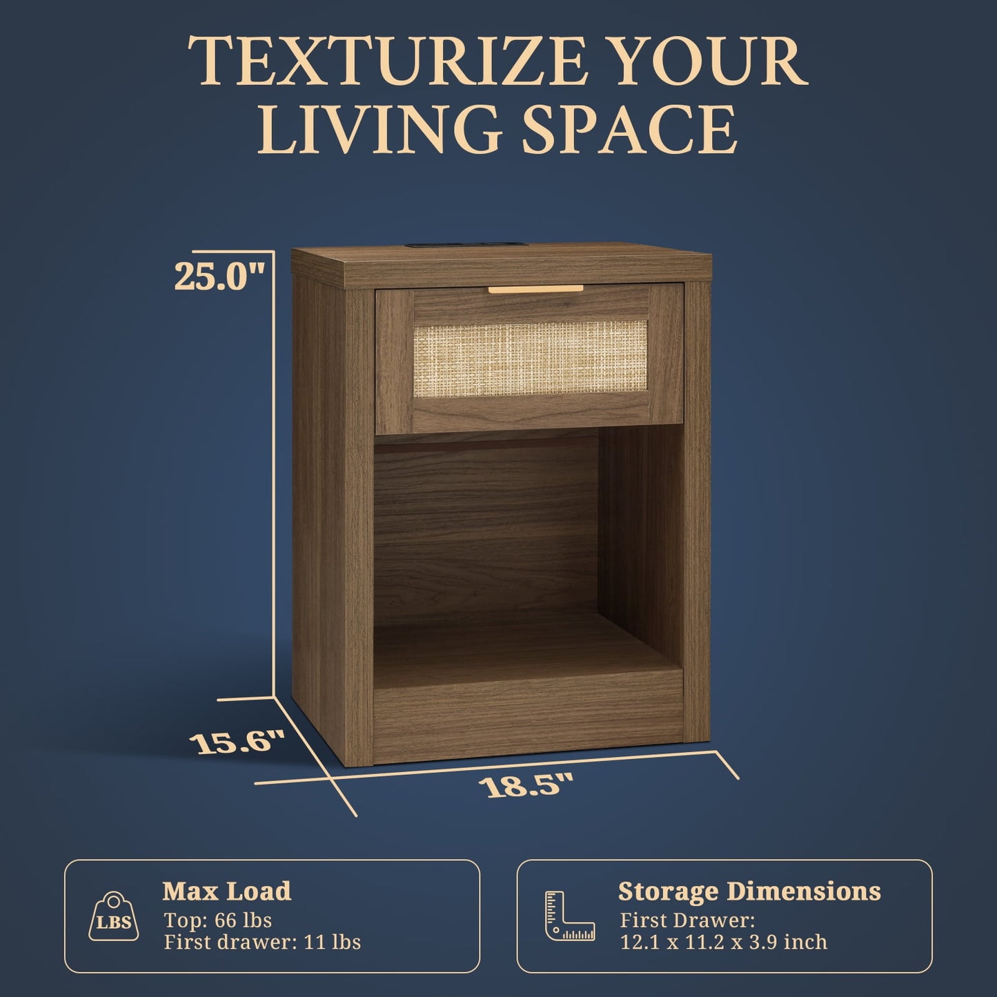 OAKHAM Rattan Nightstand set of 2 with Charging Station, Bedside Table with Type-C/USB Port, Boho Side Tables End Table for Living Room, Bedroom, Special Walnut