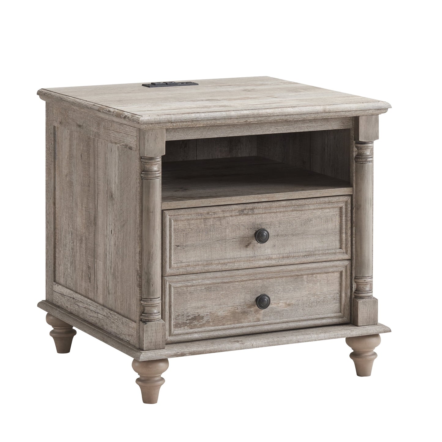 OKD Farmhouse 24in End Side Table With 2 Drawers BedSide Table with Charging Station, Tall Rustic Wood Square Nightstand for Living Room, Bedroom, Office,Light Rustic Oak