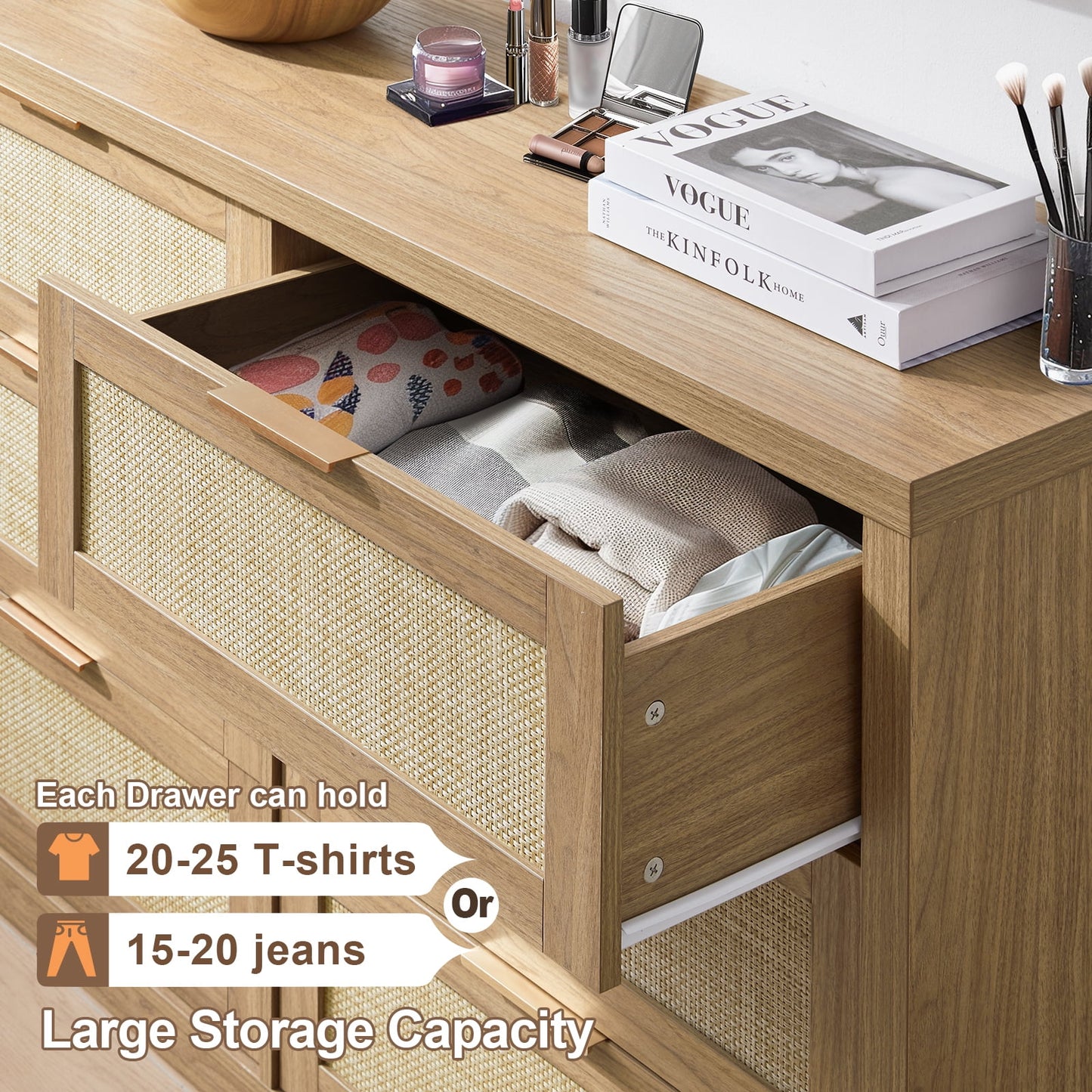 OAKHAM 6 Drawer Dresser, Rattan & Modern Wood Wide Chest of Drawers for Bedroom Living Room
