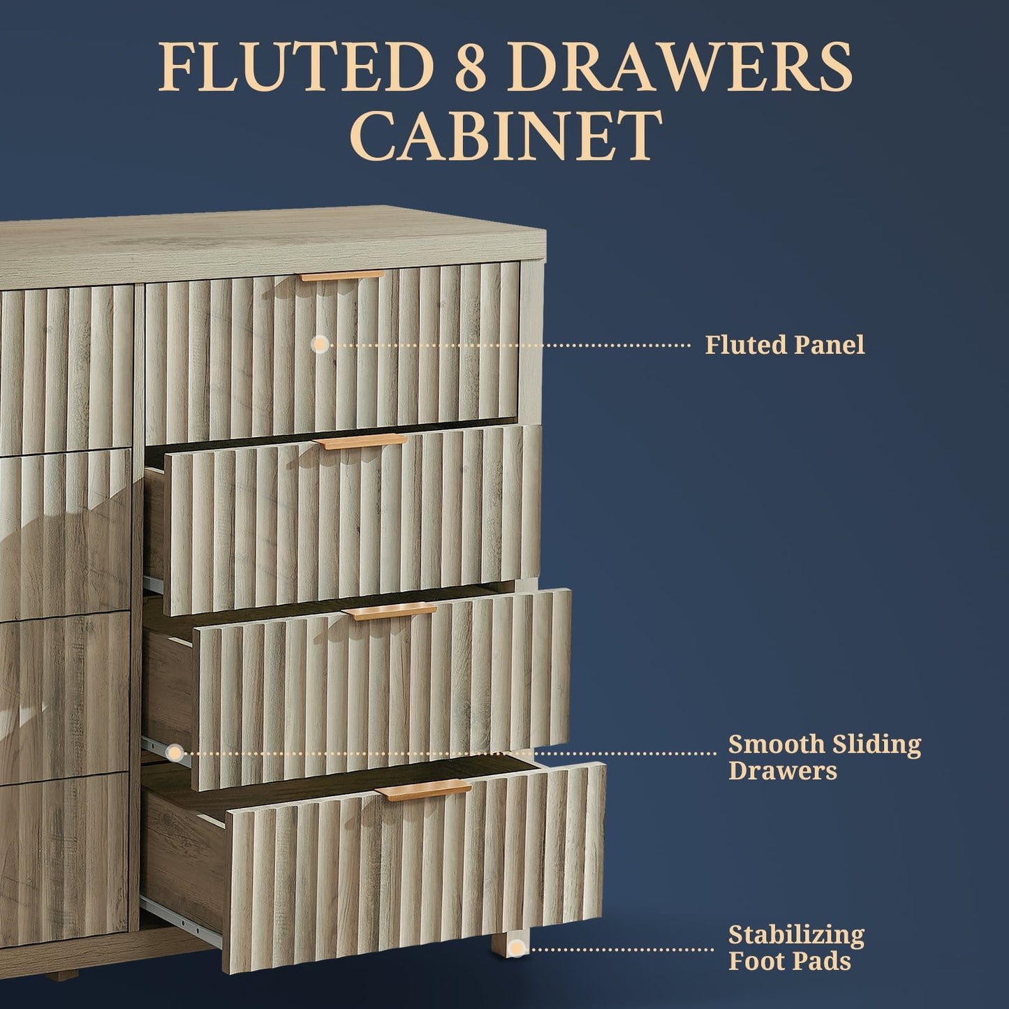 OAKHAM 8 Drawer Dresser, Fluted Wide Chest of Drawers for Bedroom Living Room, Sunwashed Ash Oak