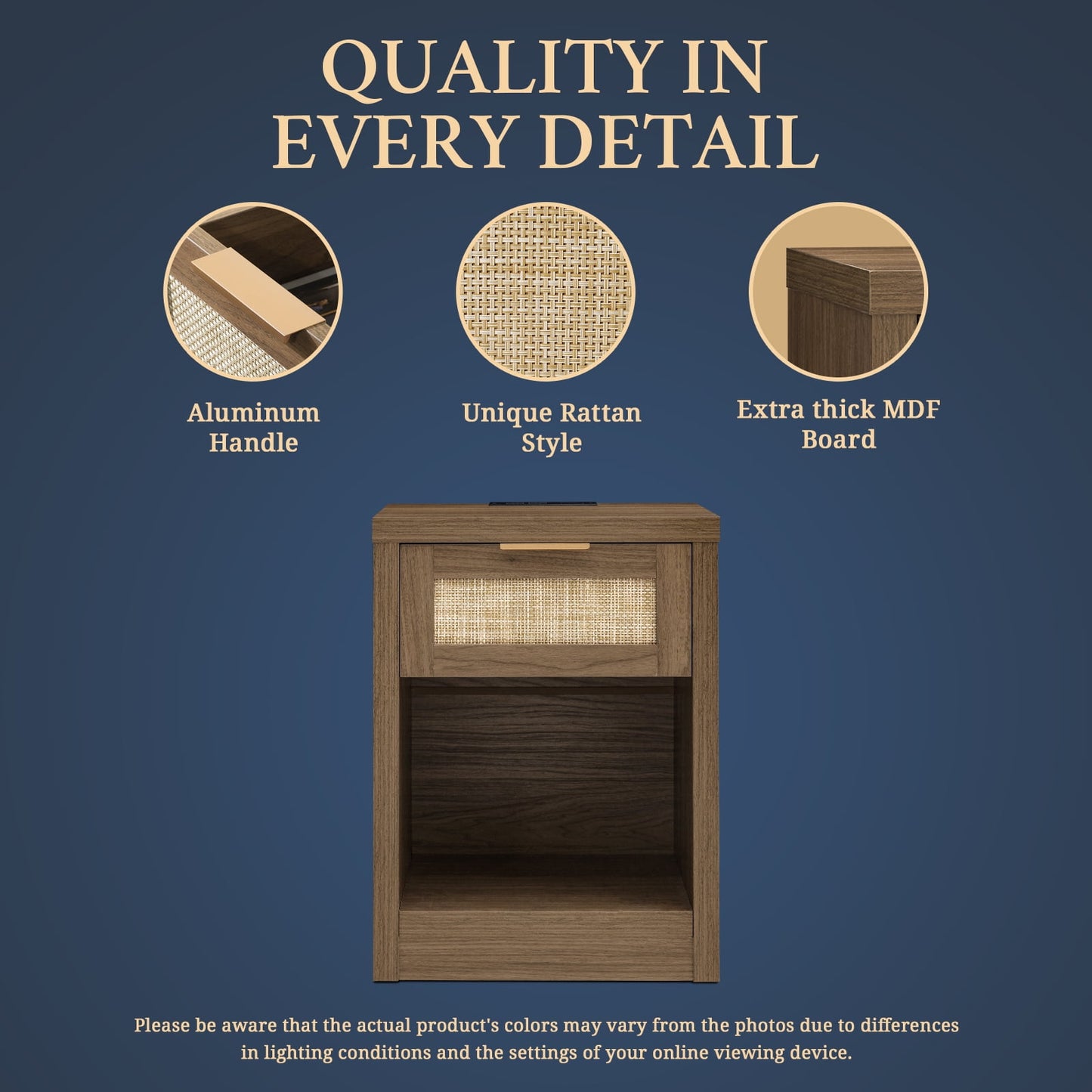 OAKHAM Rattan Nightstand set of 2 with Charging Station, Bedside Table with Type-C/USB Port, Boho Side Tables End Table for Living Room, Bedroom, Special Walnut