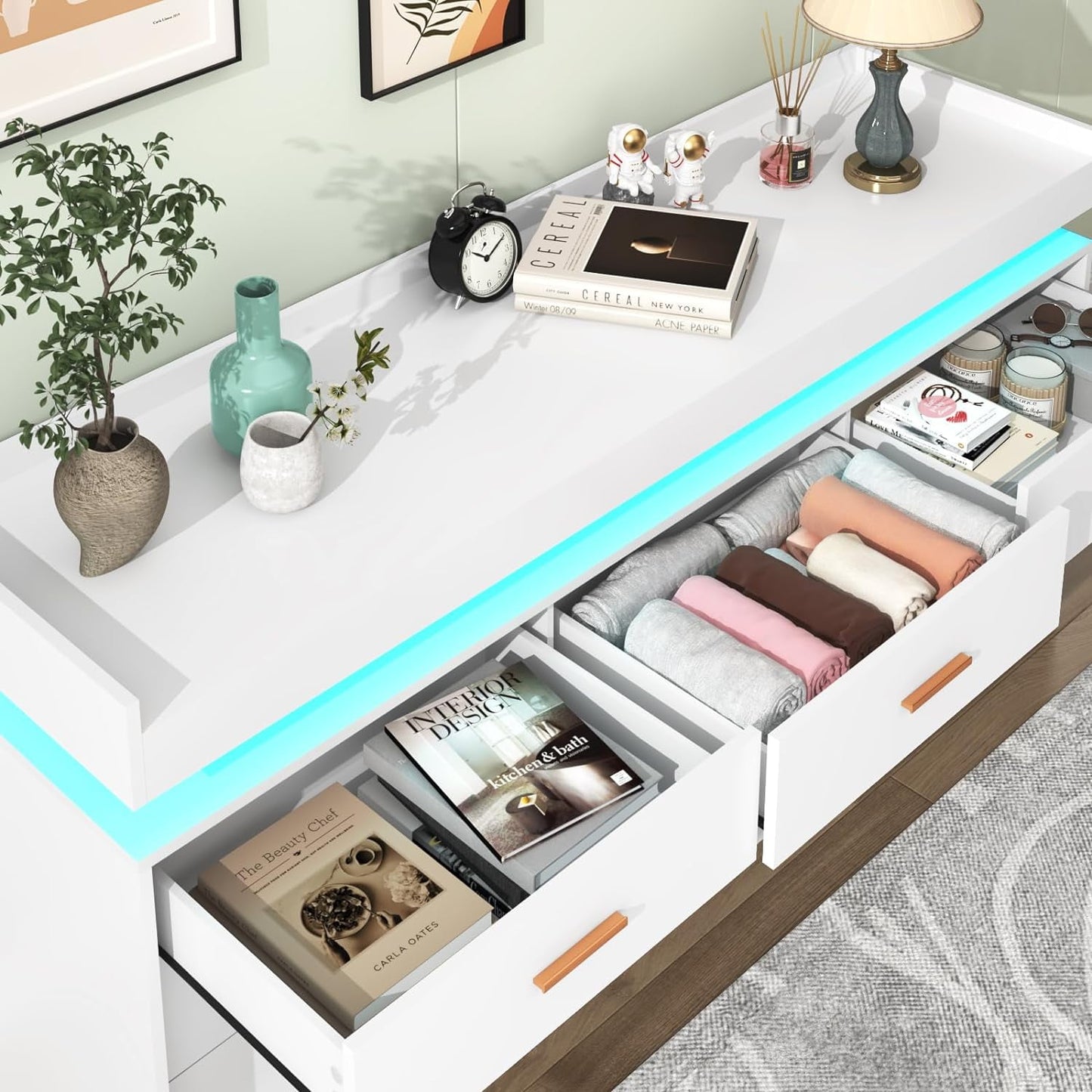 Modern 9-Drawer Dresser with LED Light, Wide Drawer Organizer Cabinet for Bedroom, Closet, Entryway, Hallway (White)