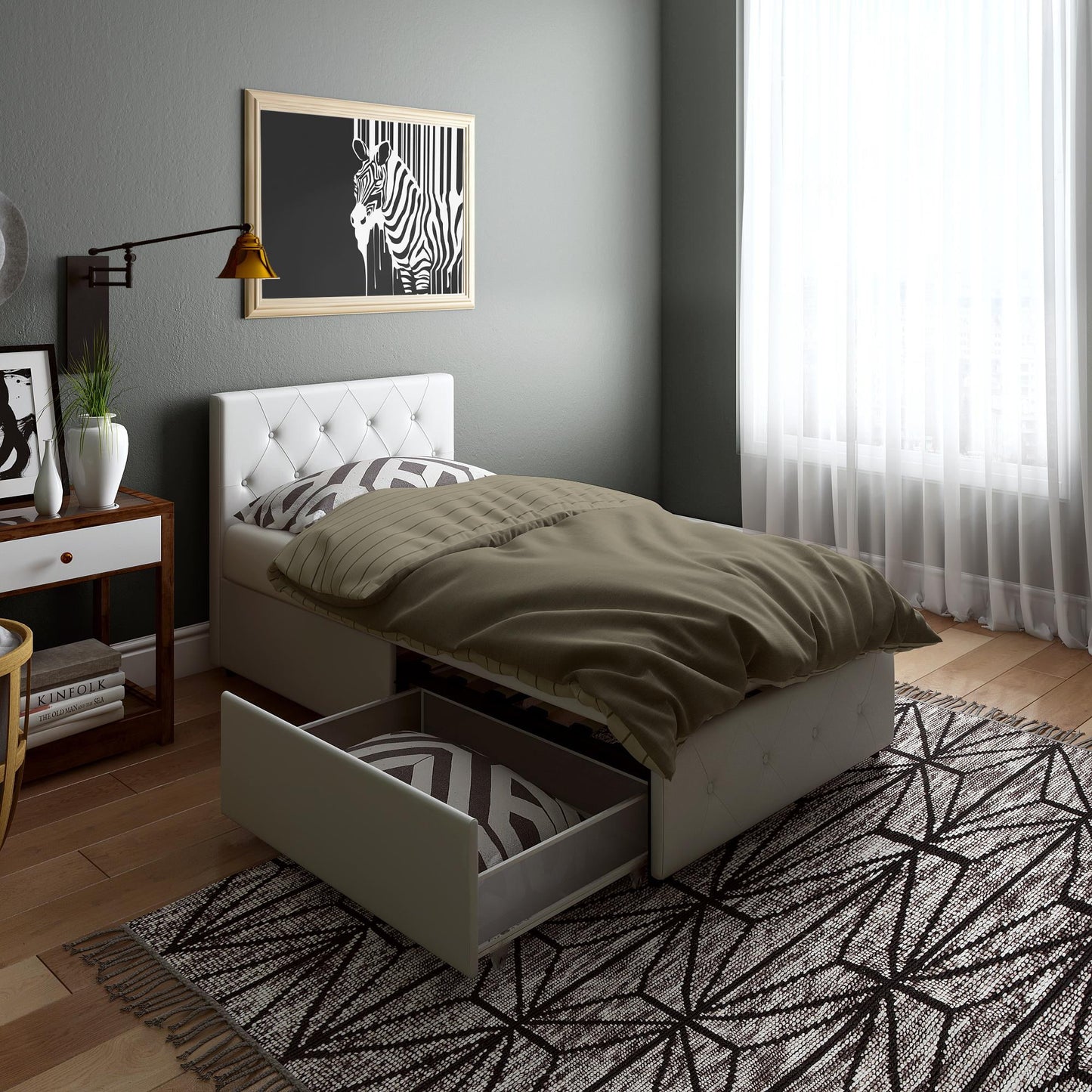 DHP Dakota Tufted Upholstered Storage Bed Frame, Twin, White Faux Leather