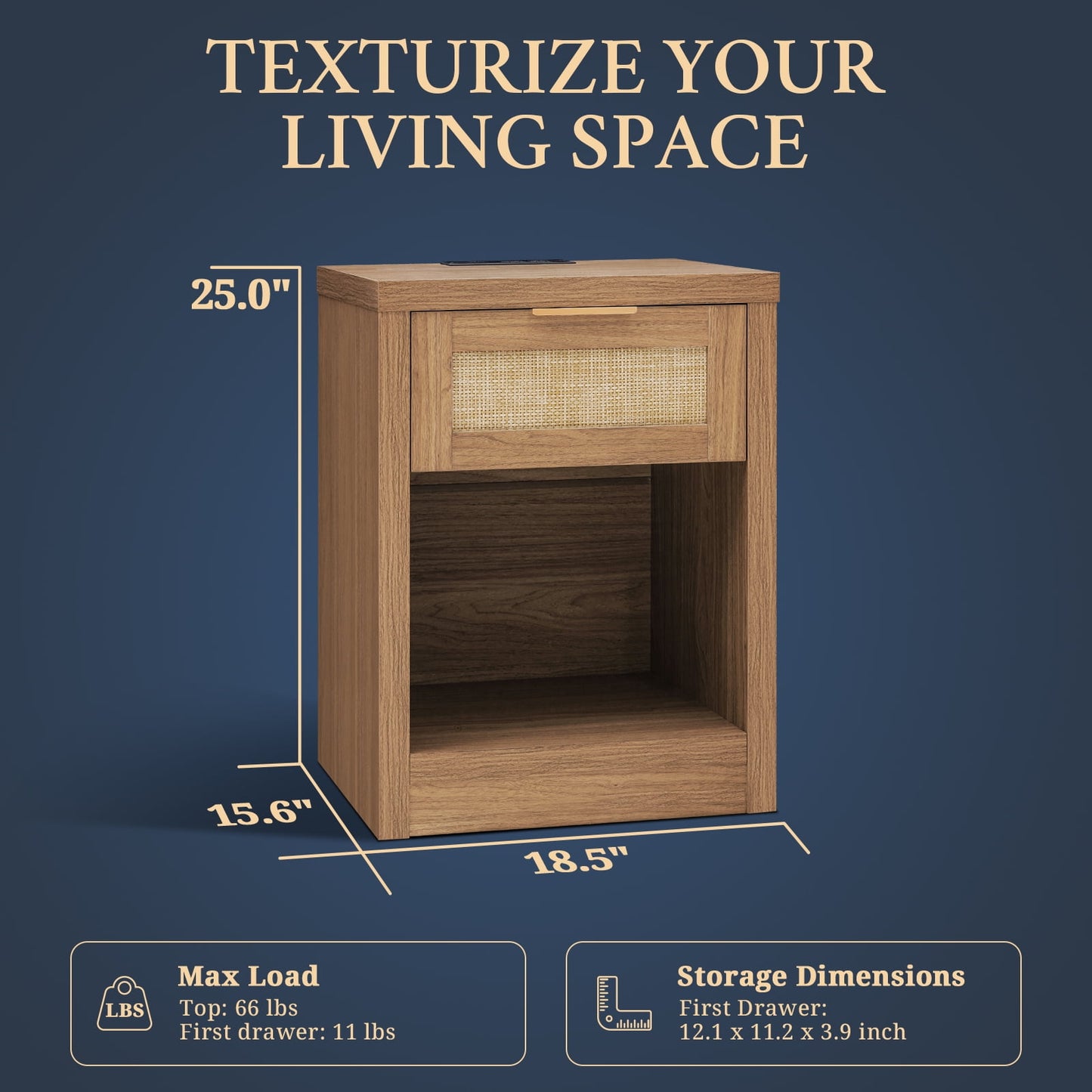 OAKHAM Rattan Nightstand set of 2 with Charging Station, Bedside Table with Type-C/USB Port, Boho Side Tables End Table for Living Room, Bedroom, Weathered Oak