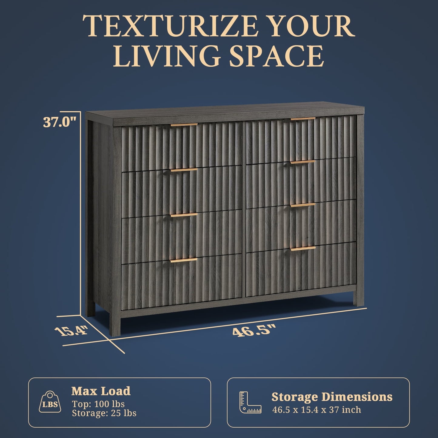 OAKHAM 8 Drawer Dresser, Fluted Wide Chest of Drawers for Bedroom Living Room, Midnight Oak