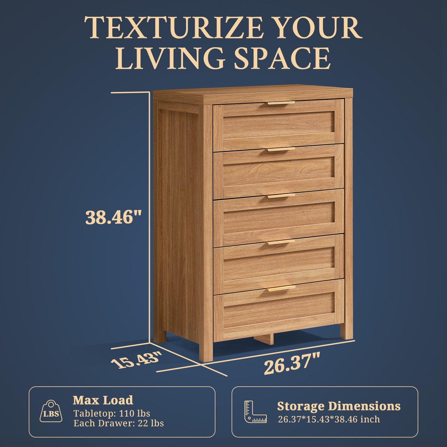 OAKHAM 5 Drawer Dresser, Modern Wooden Chests of Drawers, Tall Dressers for Bedroom, Weathered Oak