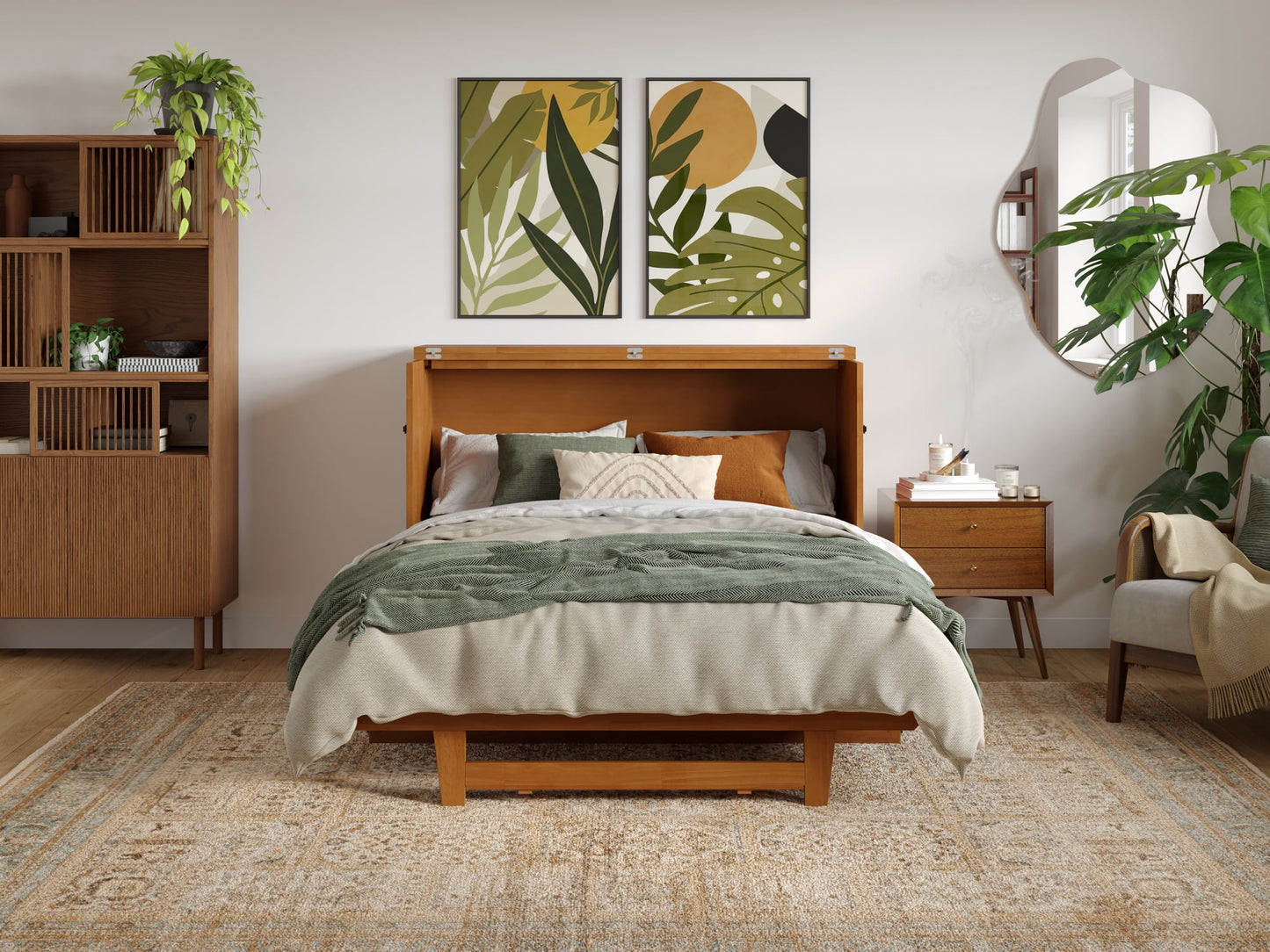 AFI Santa Fe Full Wood Murphy Bed Chest with Mattress and Built-in Charger, Light Toffee