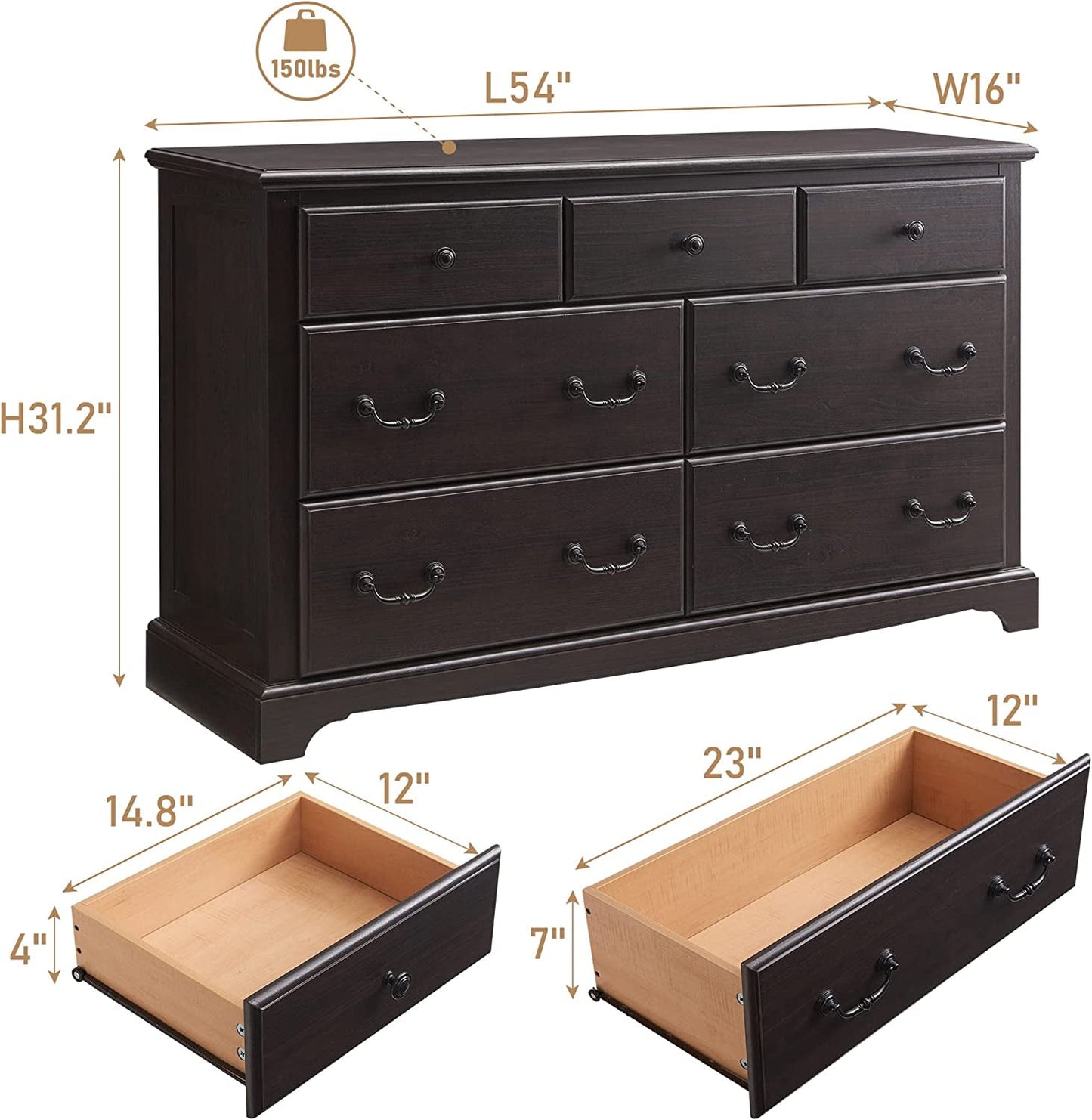 OKD 7 Drawers Dresser Storage Organizer Chests for Bedroom, Wood Rustic Tall Storage Closet , Espresso