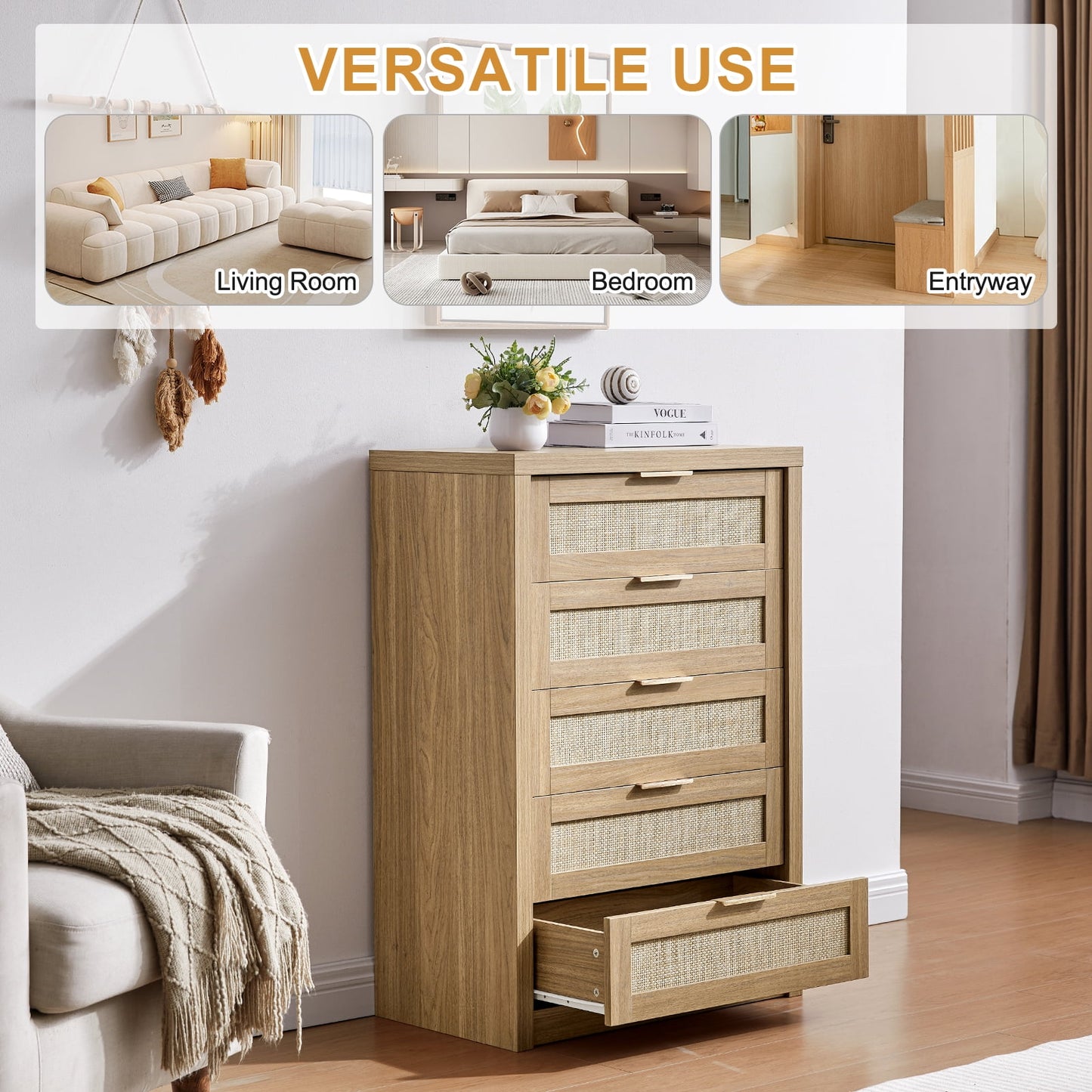 OAKHAM 5 Drawer Dresser, Rattan Wide Chest of Drawers for Bedroom Living Room, Weathered Oak