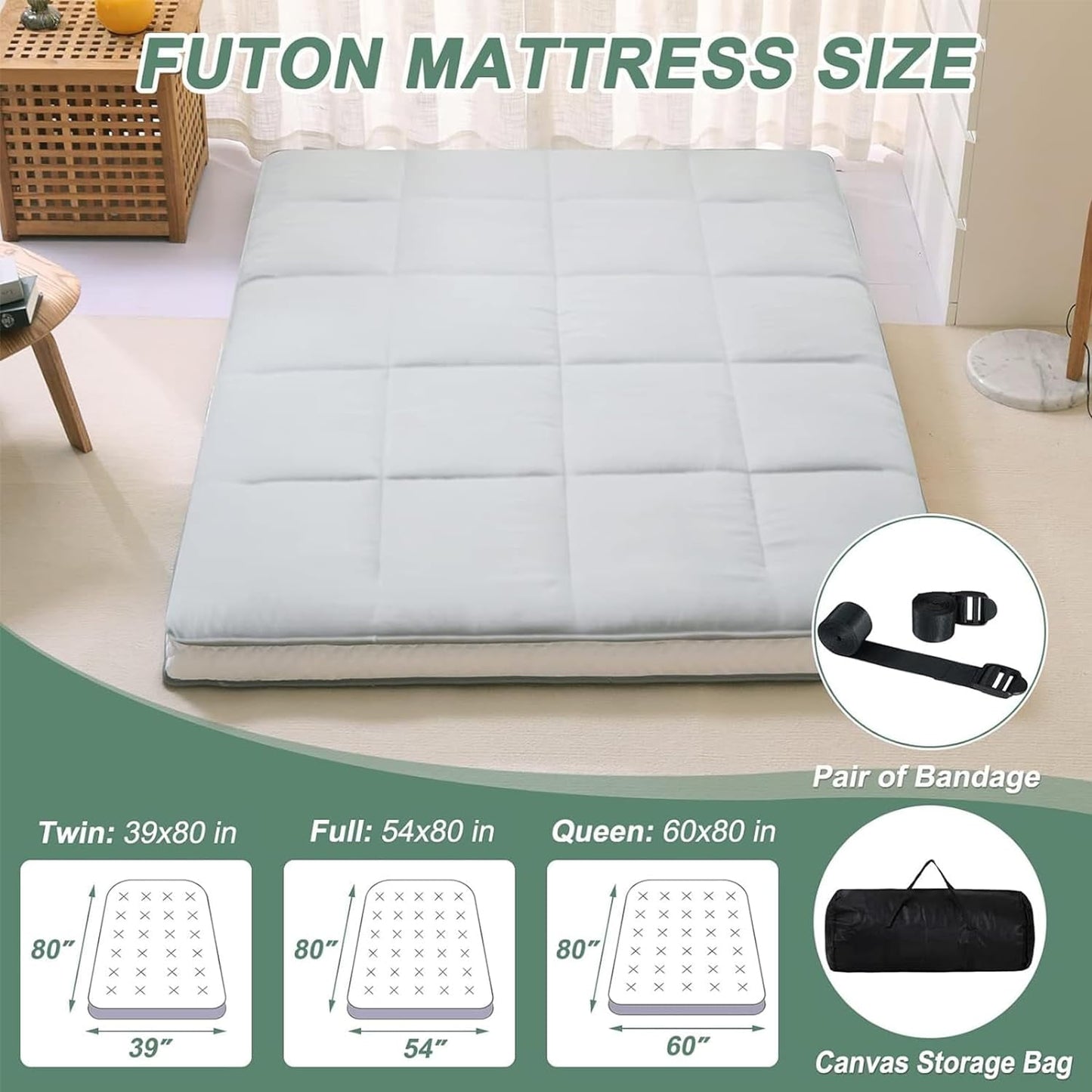 Slsy Upgraded 6in Extra Thick Japanese Floor Mattress Futon Mattress, Foldable Mattress Tatami Pad Floor Mattress for Adults Floor Bed Roll Up Mattress Guest Mattress Camping Mattress