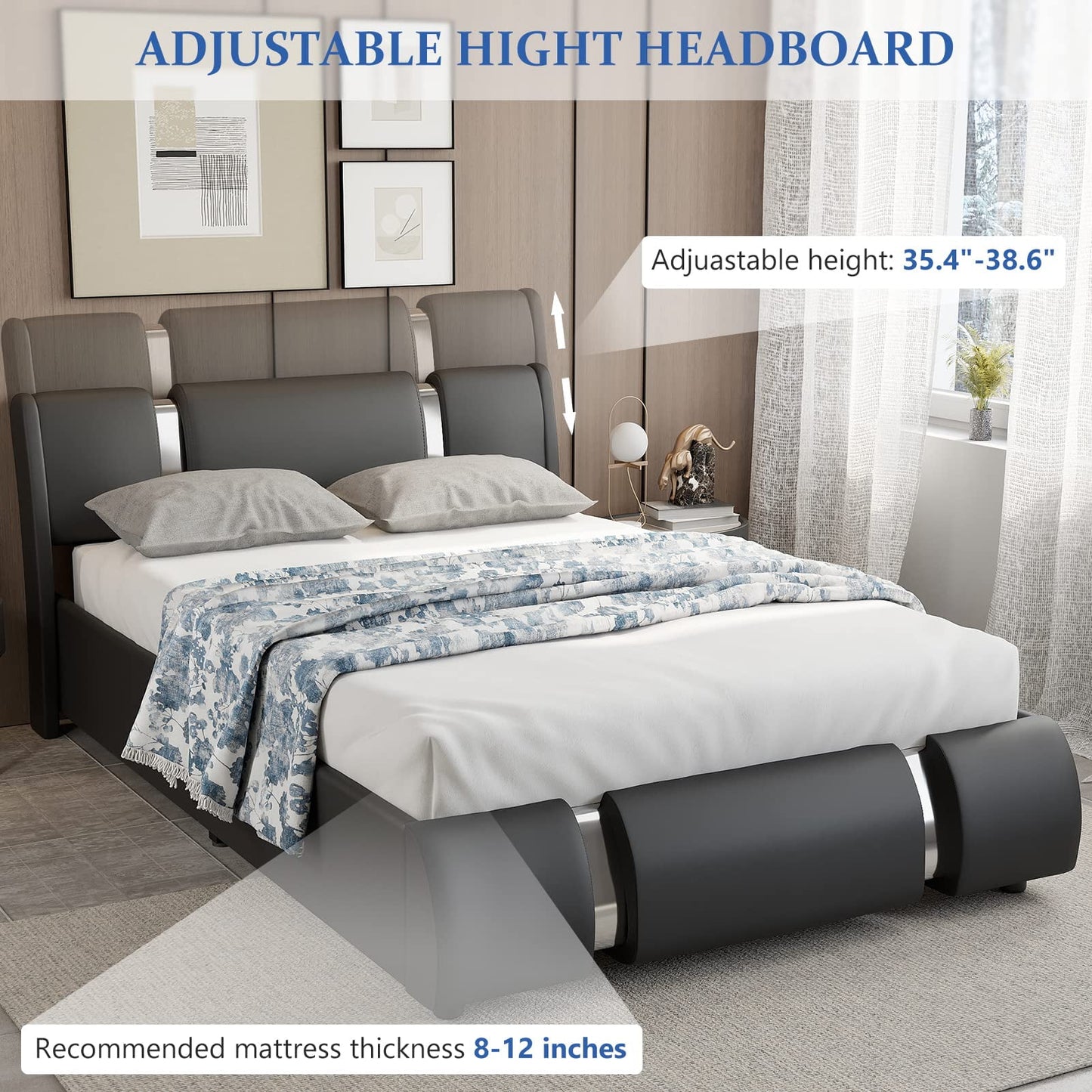 Deluxe Queen Size Bed Frame with LED Headboard, Upholstered Platform in Faux Leather