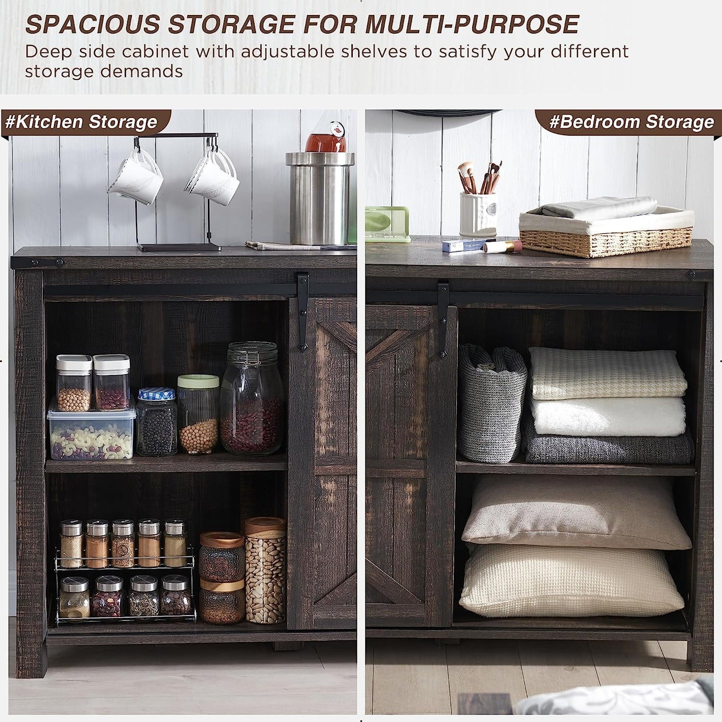 OKD 60in Farmhouse Dresser 4 Drawer Modern Storage Cabinet with Sliding Barn Door for Bedroom, Chest of Drawers Wood Organizer TV Stand for Living Room, Dark Rustic Oak