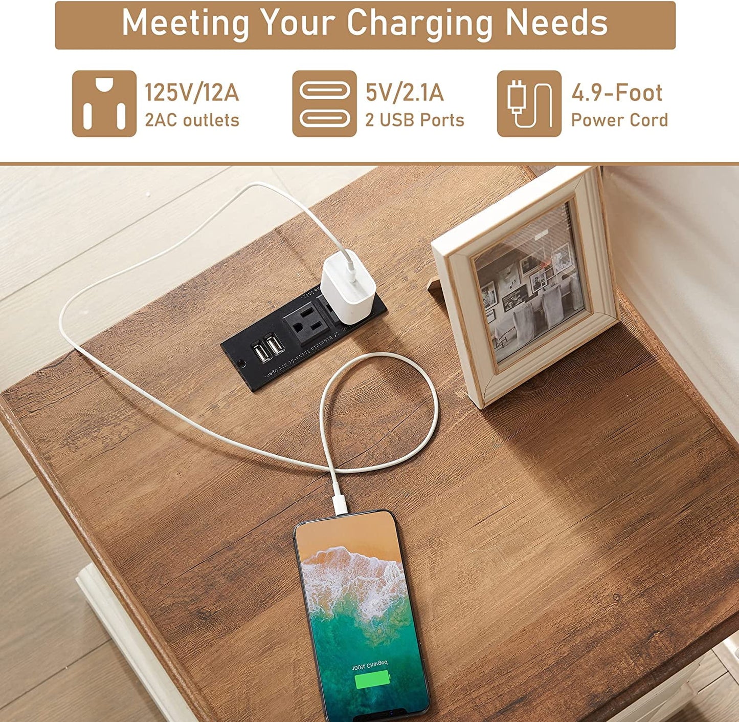 OKD 18in Bedside Nightstand with 2 Drawers, Charging Station, Wood Rustic End Table, Antique White