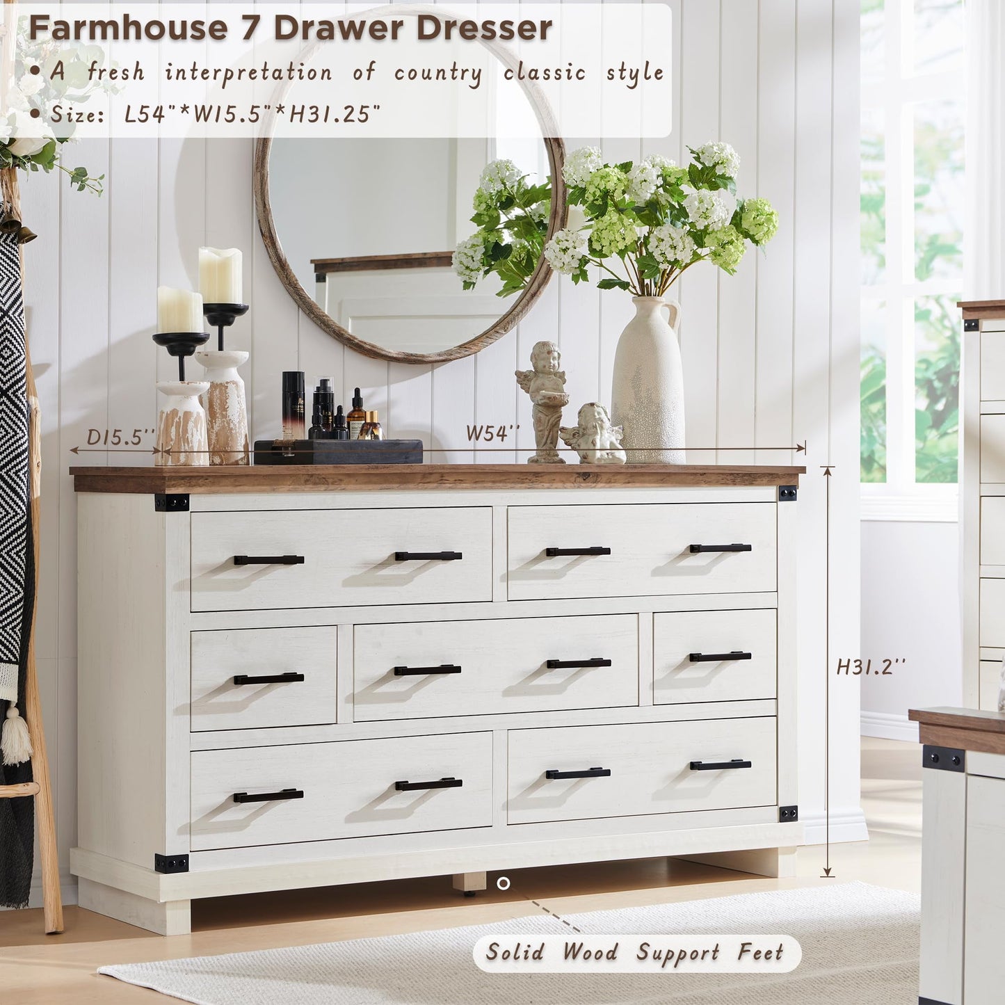OKD Farmhouse 7 Drawers Dresser for Bedroom, Wood Large Chest of Drawers with Thick Plank Styling, Rustic Closet Dresser for Bedroom, Living Room, Antique White