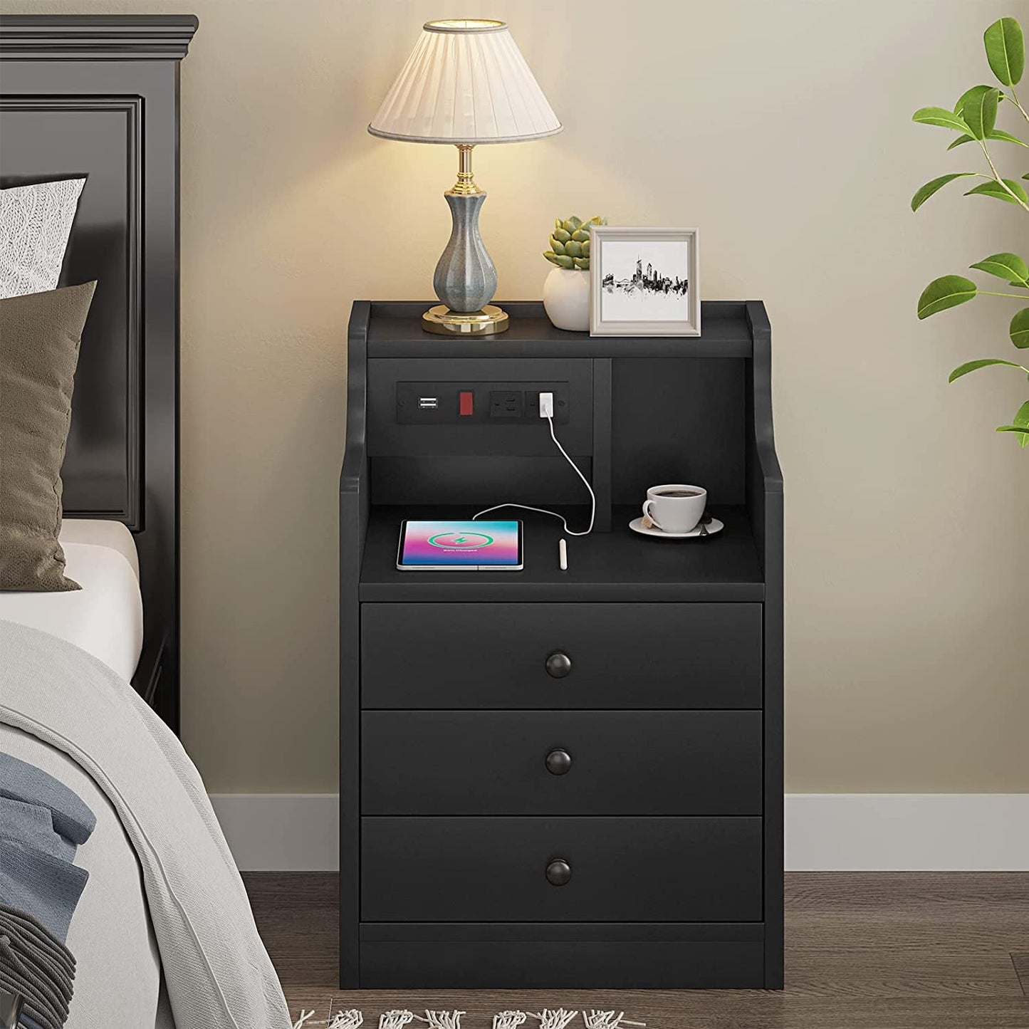 Nightstands Set of 2,Black Nightstand with Hutch and 3 Drawers,Bedside Table with Charging Station for Bedrooms
