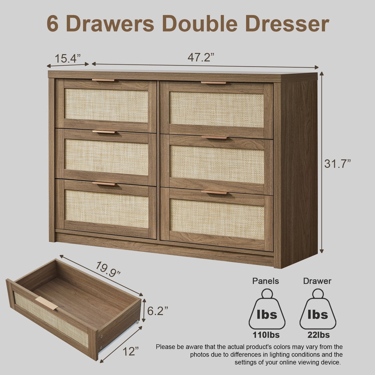 OAKHAM 6 Drawer Dresser, Rattan Wide Chest of Drawers for Bedroom Living Room, Special Walnut