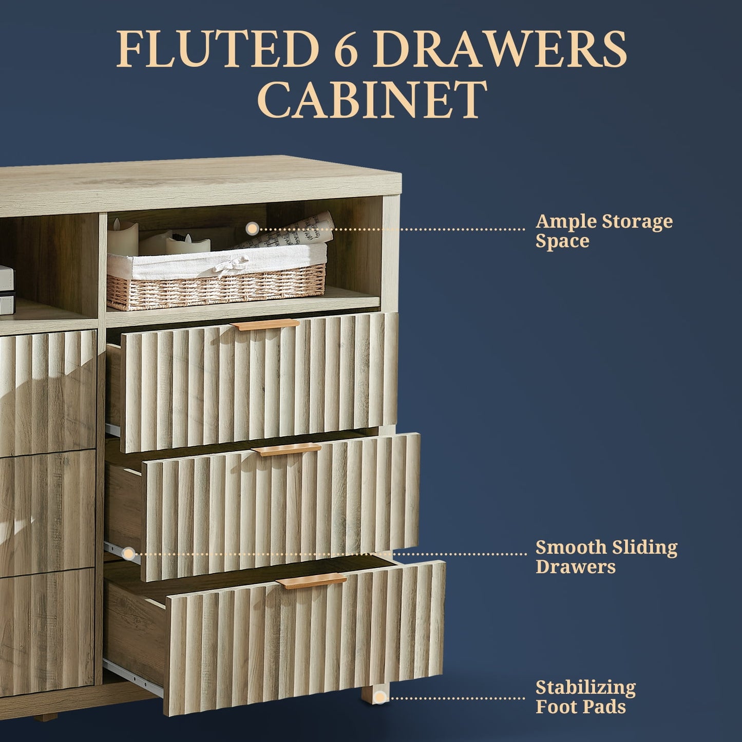 OAKHAM Modern 6 Drawer Dresser, Natural Wooden Fluted Chest of Drawers for Bedroom & Living Room, Sunwashed Ash Oak