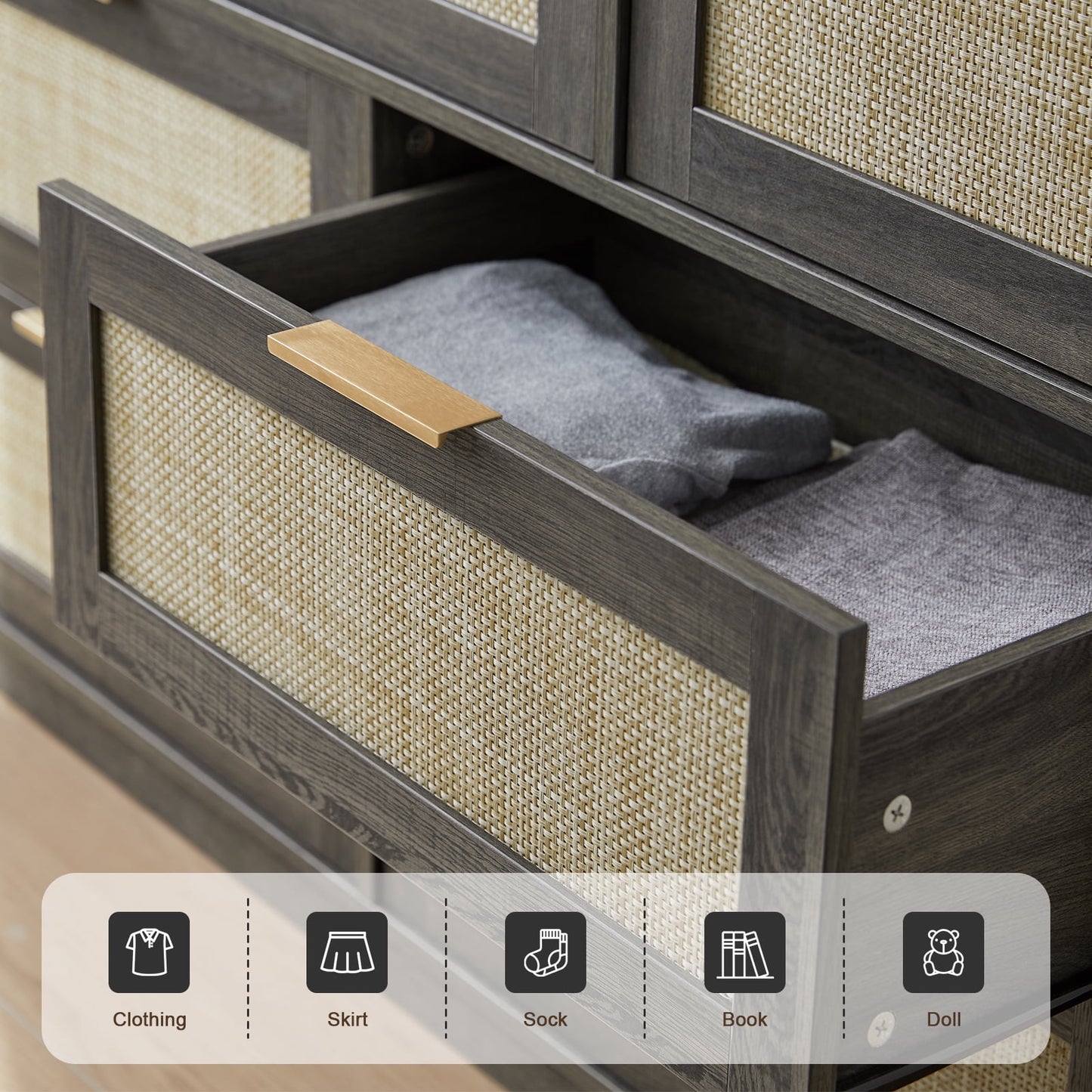 OAKHAM 7 Drawer Dresser, Rattan Wide Chest of Drawers for Bedroom Living Room, Midnight Oak