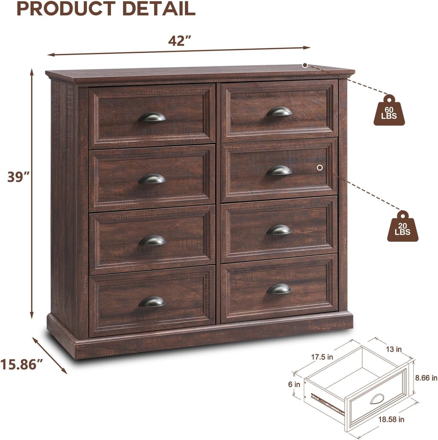 SinCiDo Dresser for Bedroom,8 Drawer Bedroom Dresser, Wood Rustic Tall Dresser Chest of Drawer for Closet, Living Room