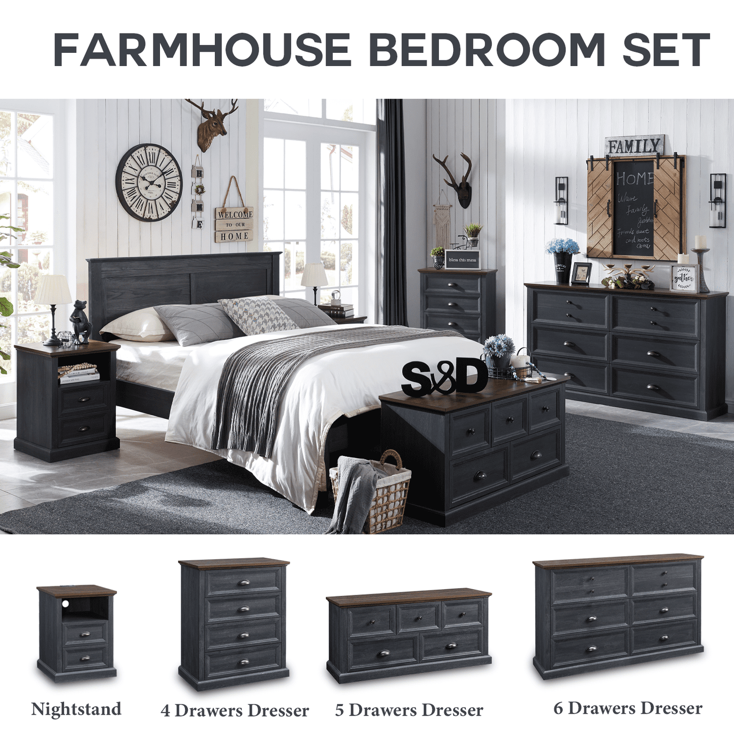 SinCiDo Rustic 4-Drawer Bedroom Dresser, Farmhouse Style, Tall Wood Storage Organizer - Dark Grey