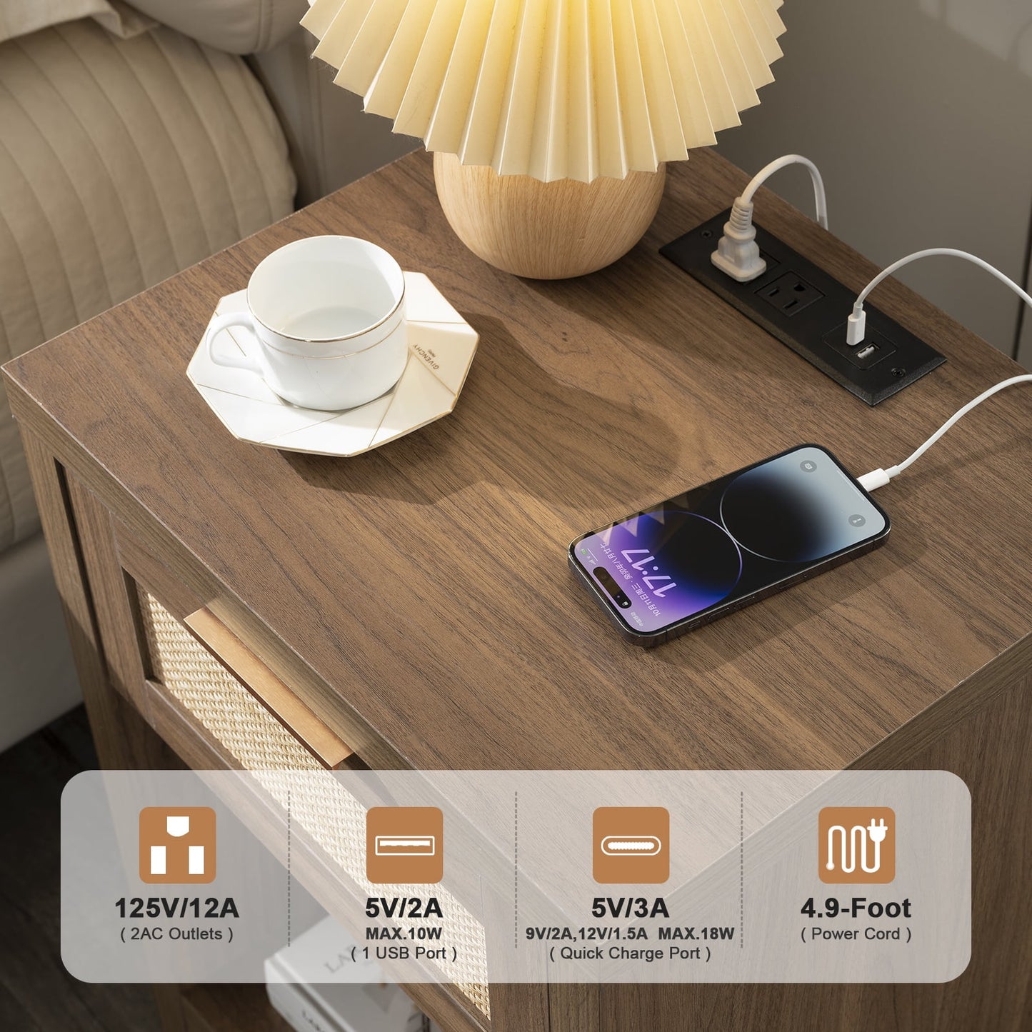 OAKHAM Rattan Nightstand set of 2 with Charging Station, Bedside Table with Type-C/USB Port, Boho Side Tables End Table for Living Room, Bedroom, Special Walnut
