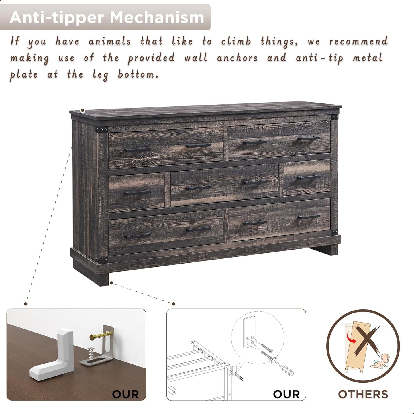 OKD 54in W Farmhouse Dresser 7 Drawers Modern Rustic Wood Chest of Drawers Closet Storage Organizers for Bedroom Living Room Hallway, Dark Rustic Oak