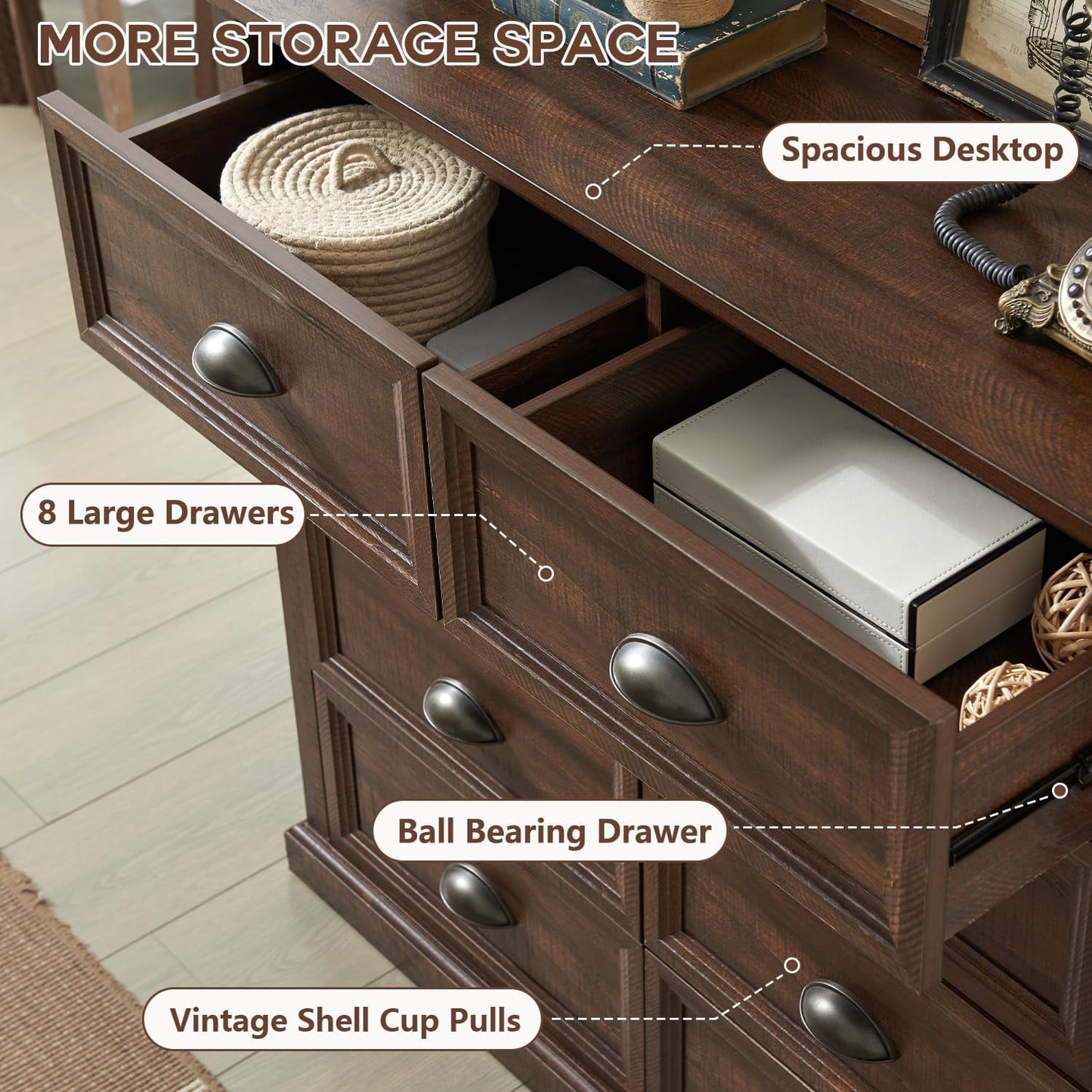 SinCiDo Dresser for Bedroom,8 Drawer Bedroom Dresser, Wood Rustic Tall Dresser Chest of Drawer for Closet, Living Room